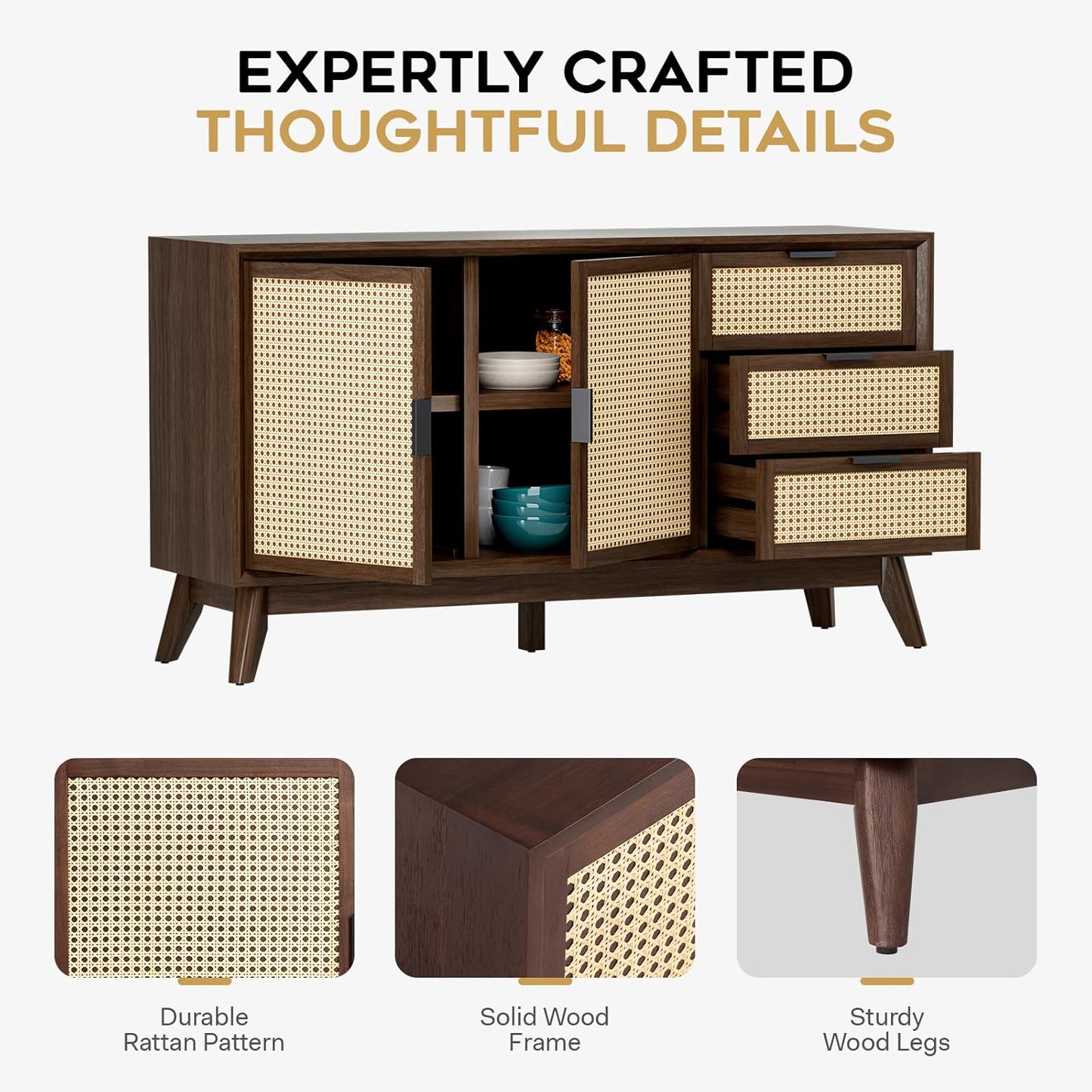 Bme Jasper Sideboard with 3 Drawers & 2 Rattan Doors, Buffet Cabinet with Storage for Dining Room, Living Room, Adjustable Shelves, Walnut