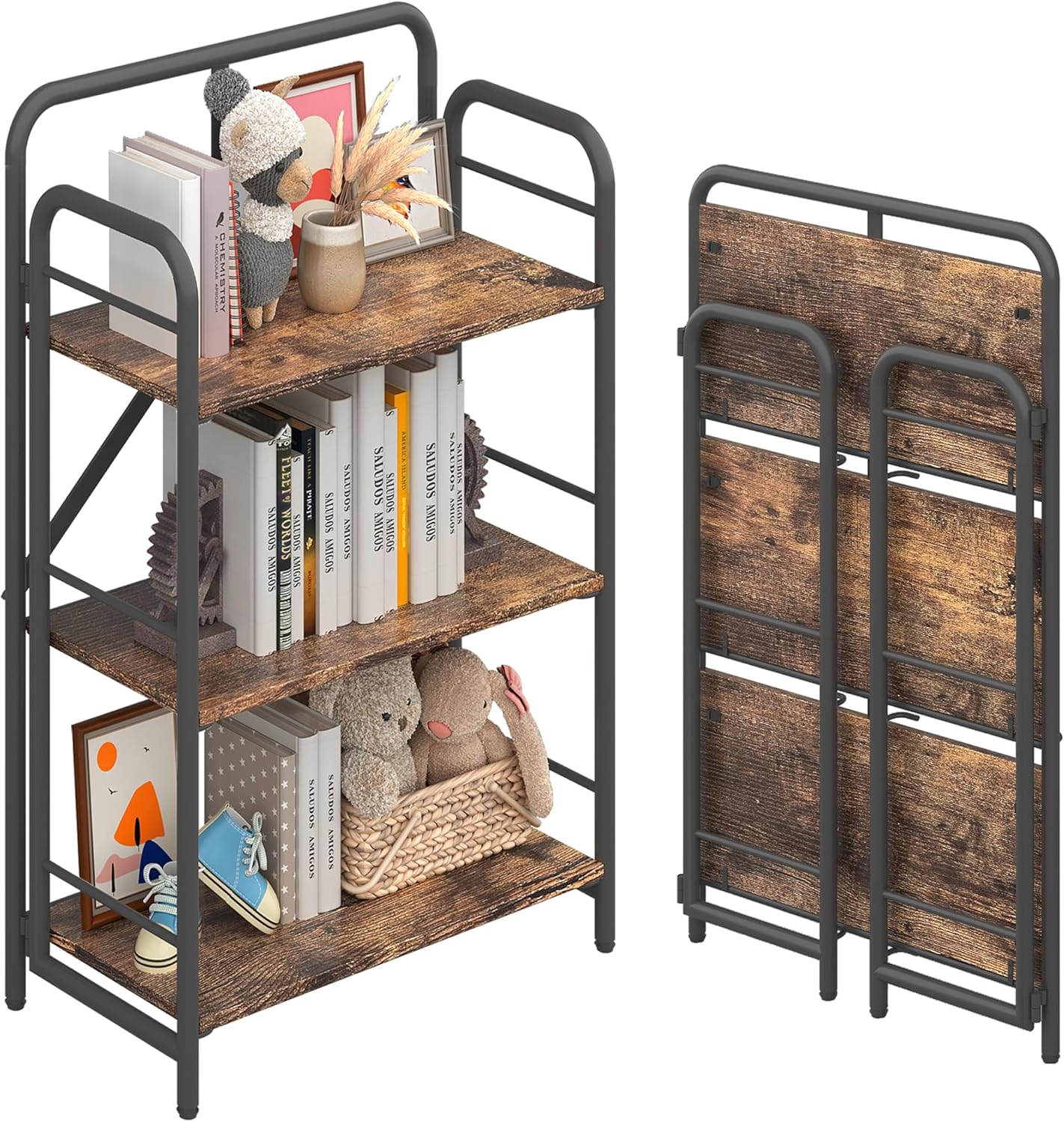 4NM No Assembly Folding Bookshelf 3 Tiers Vintage Industrial Black Book Shelf Metal Foldable Storage Bookcase and Bookshelves for Living Room,Bedroom and Kitchen - Rustic Brown