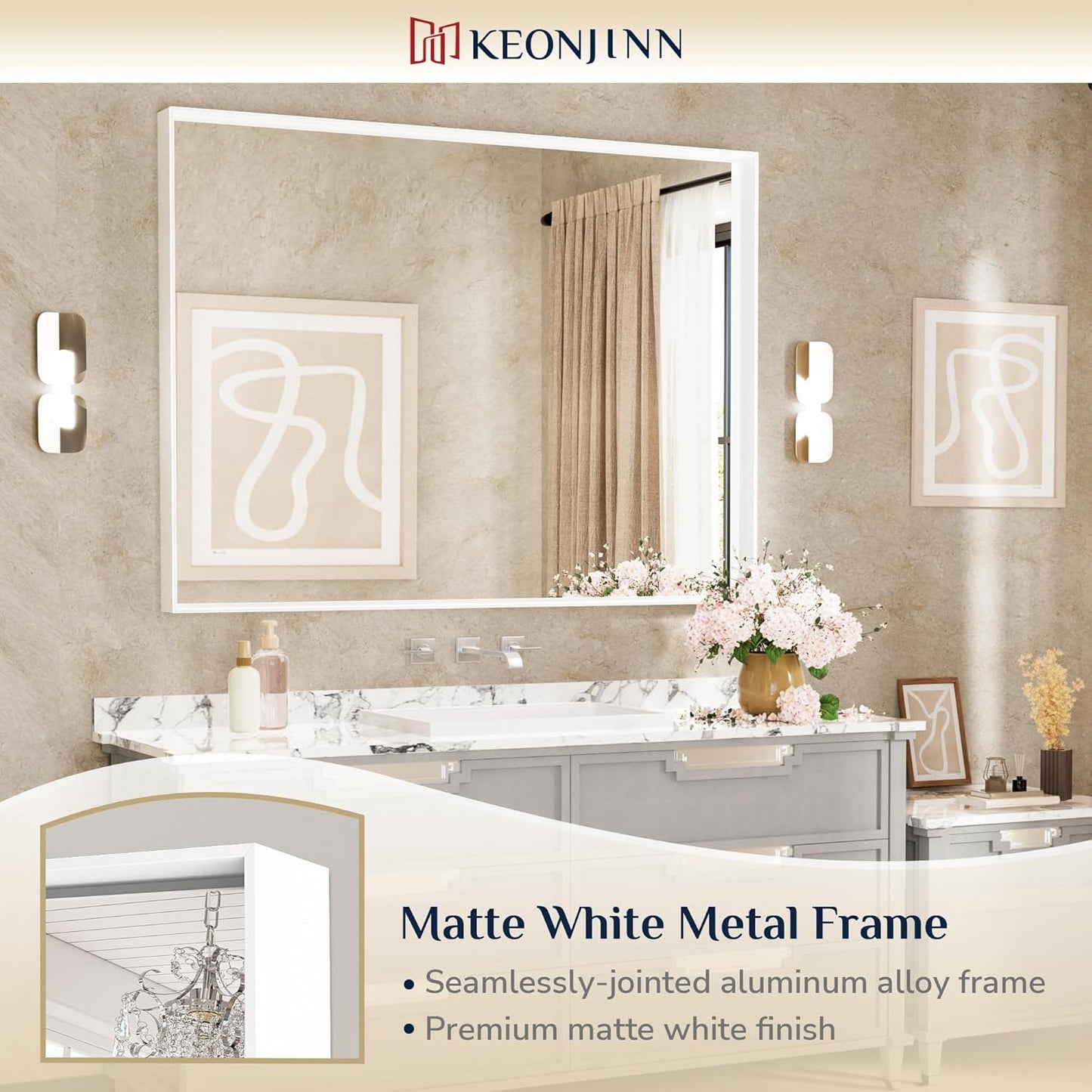 Keonjinn 48” x 36” White Bathroom Vanity Mirror Metal Framed Large Bathroom Mirror for Over Sink Rectangular Wall Mirror Square Corner Farmhouse Matte White Rectangle Mirror(Horizontal/Vertical)