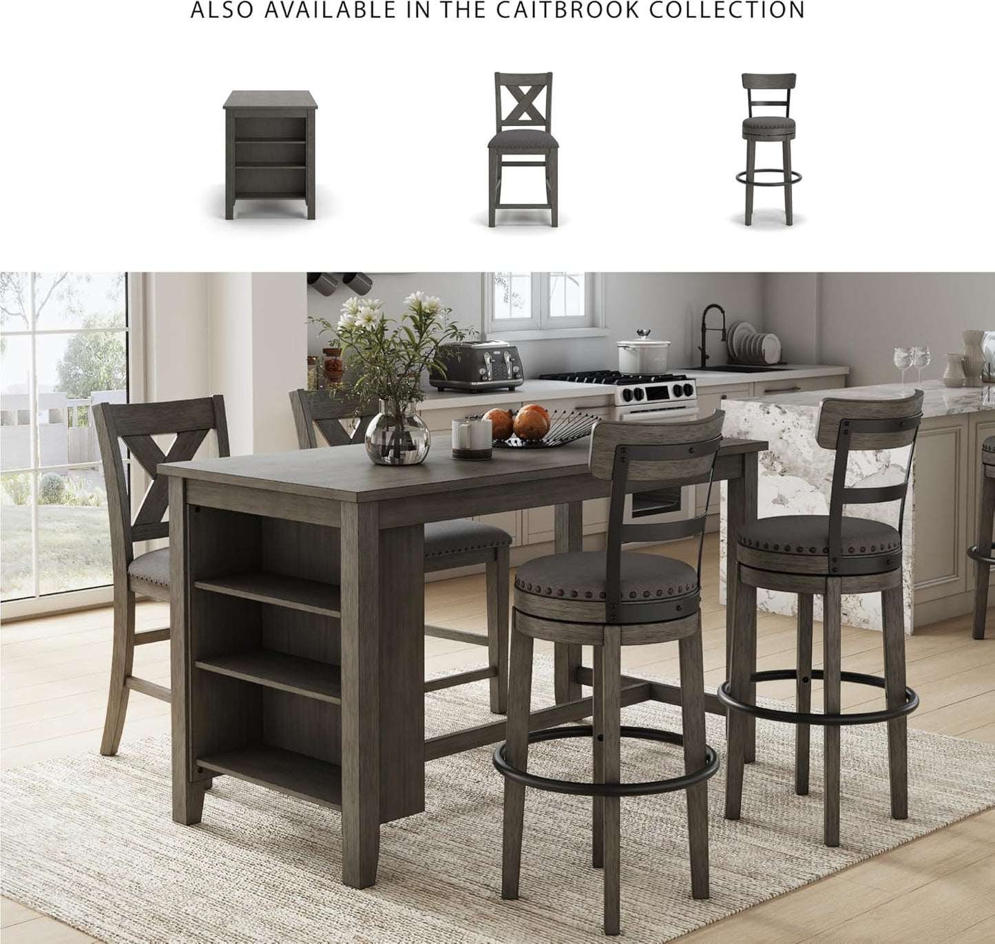 Signature Design by Ashley Caitbrook 30" Farmhouse Bar Height Upholstered Swivel Barstool, Gray