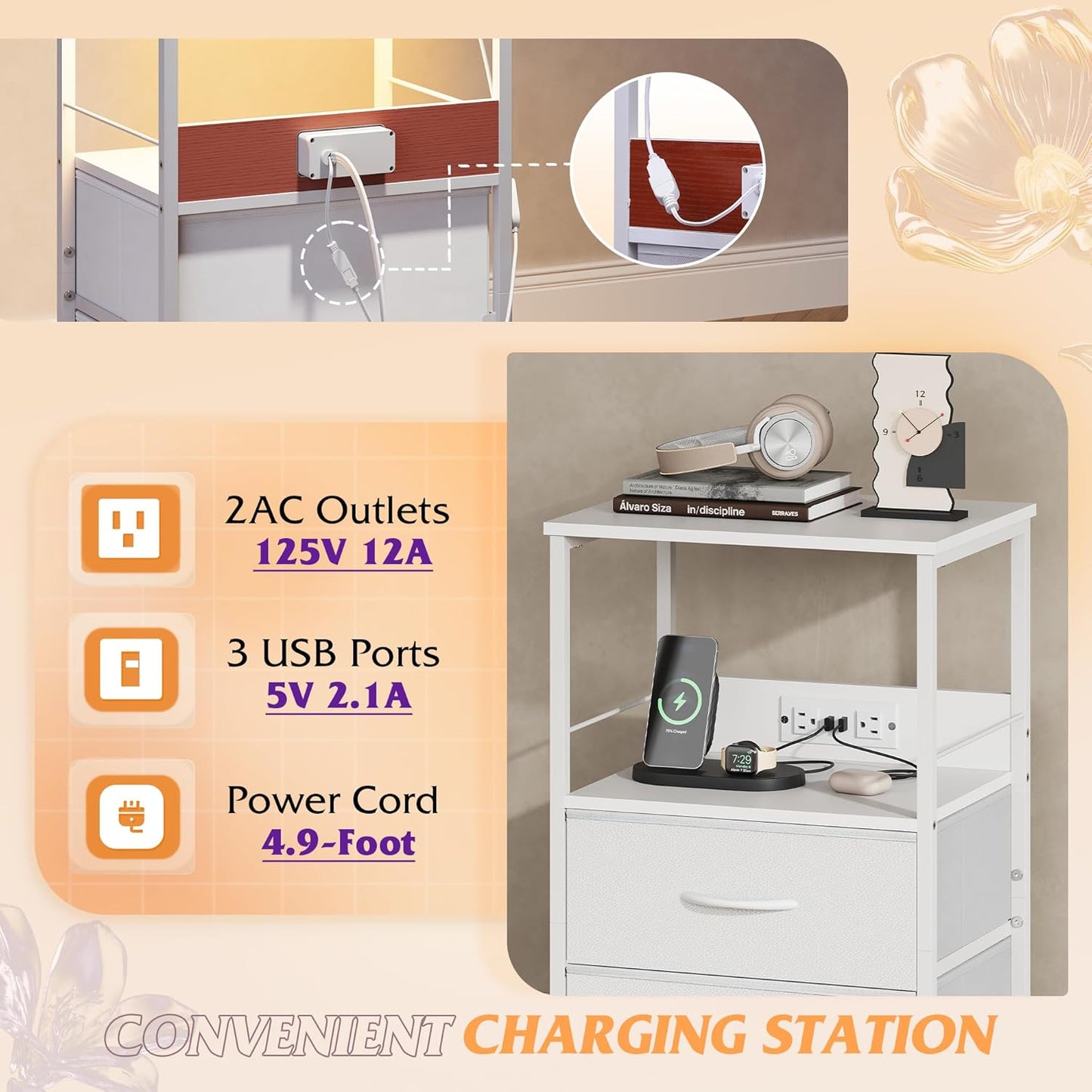 WLIVE White Night Stand Set of 2 with Charger Station, LED Nightstand with 2 Fabric Drawers and Storage Shelf, Bedside Tables with 3 USB Ports and 2 Outlets, Small Dresser for Bedroom,Small Space