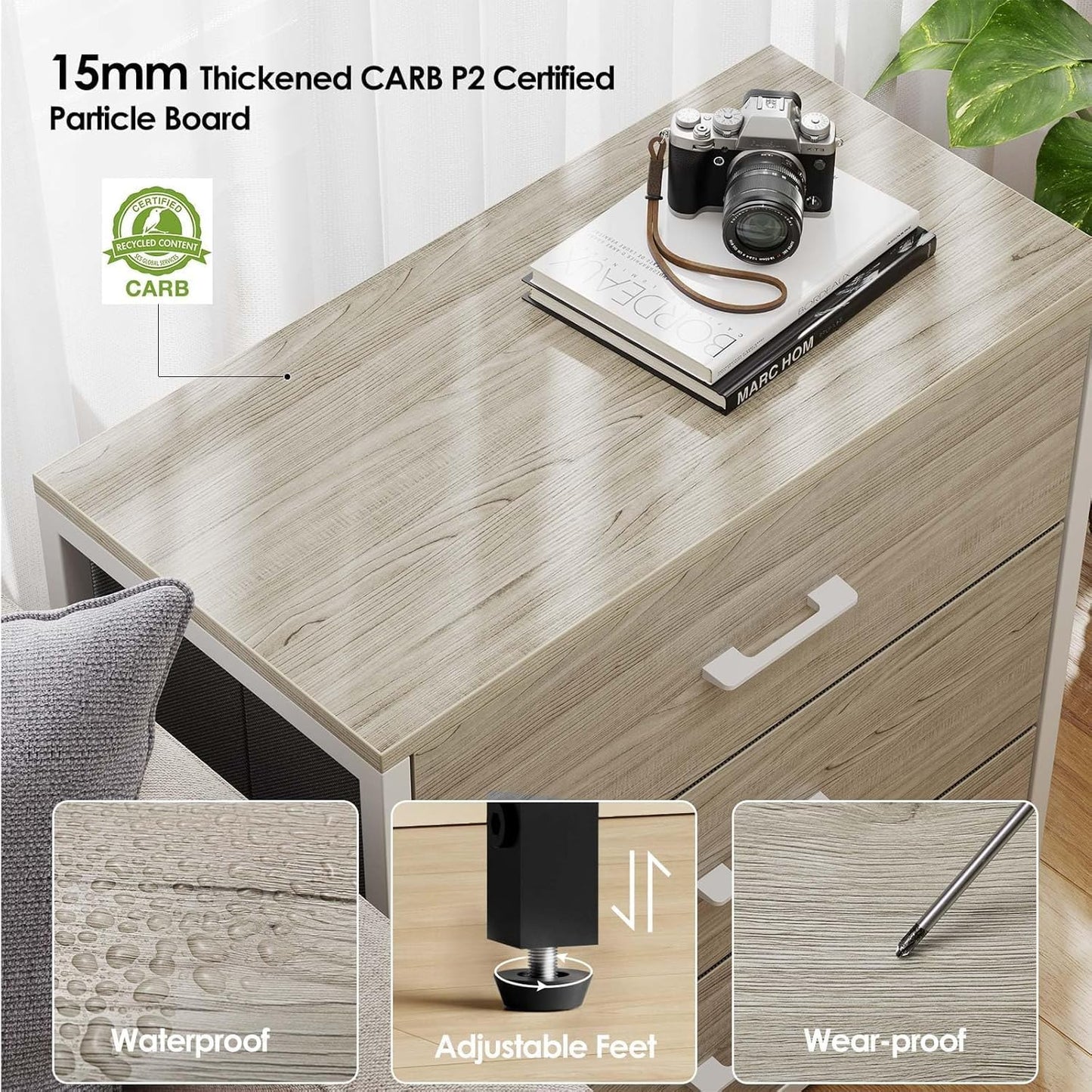 Nightstand, End Table, Bedside Table, Tall Fabric Dresser with 3 Drawer, White Drawers Small Chests of Drawers Organizer Storage Tower with Steel Frame, Wooden Top & Front for Bedroom