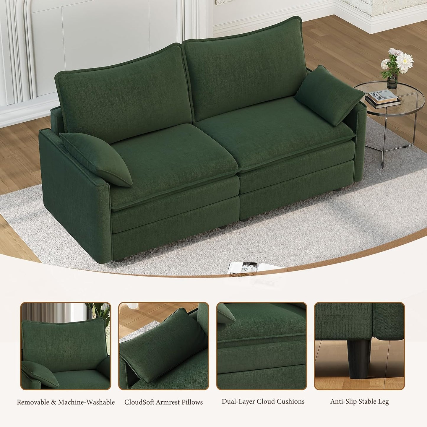 Vesgantti 74" Loveseat Sofa for Living Room, Comfy Cloud Couch Deep Seat Chenille Modern 2 Seater Small Sofa with Armrest Pillow, Easy Assembly for Small Spaces, Green