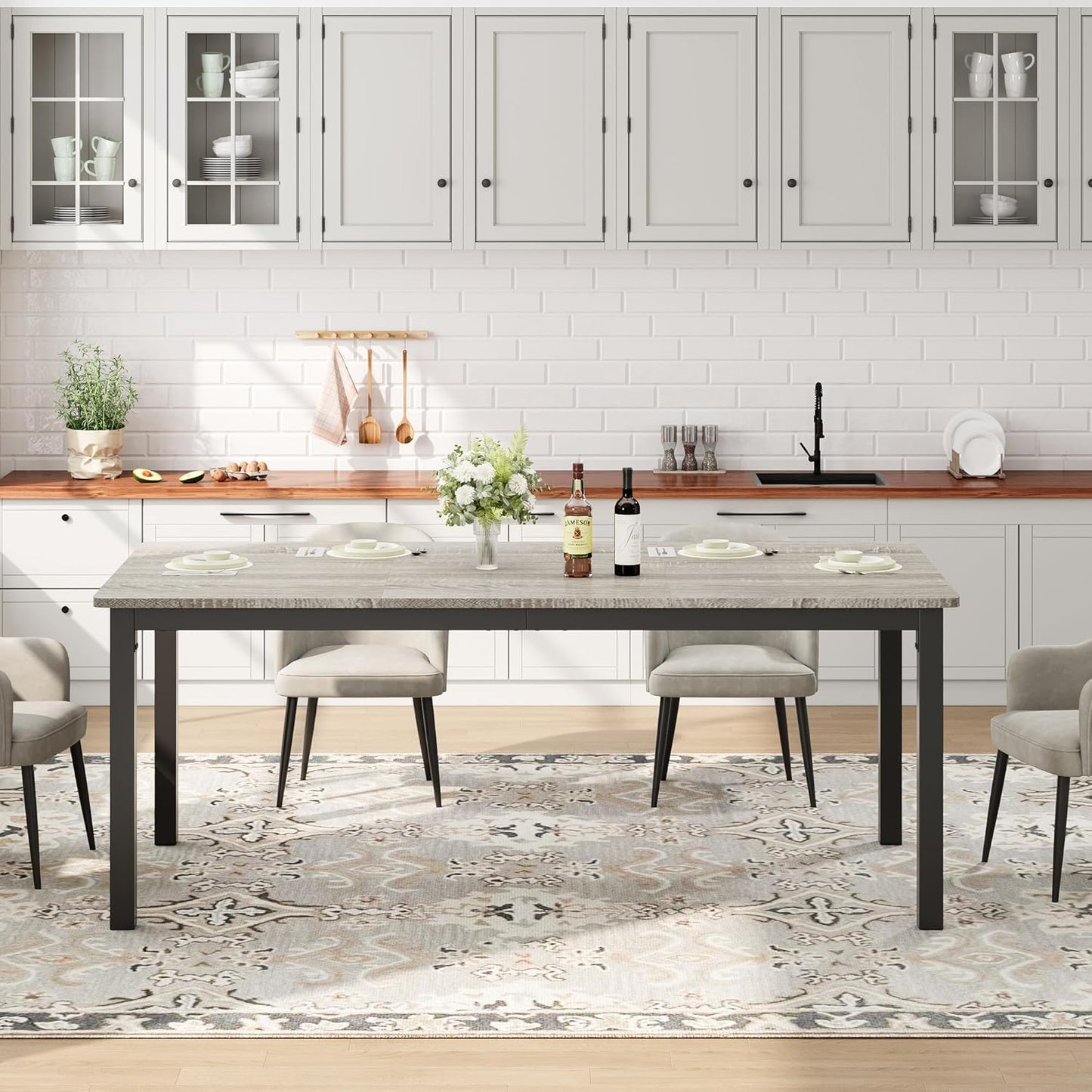 GarveeHome 70.8in Industrial Dining Table for 6, Wooden Long Dinner Table with Mortise Tenon Design, Kitchen Table with Sturdy Metal Legs, for Dining Room Home Office Living Room, Grey