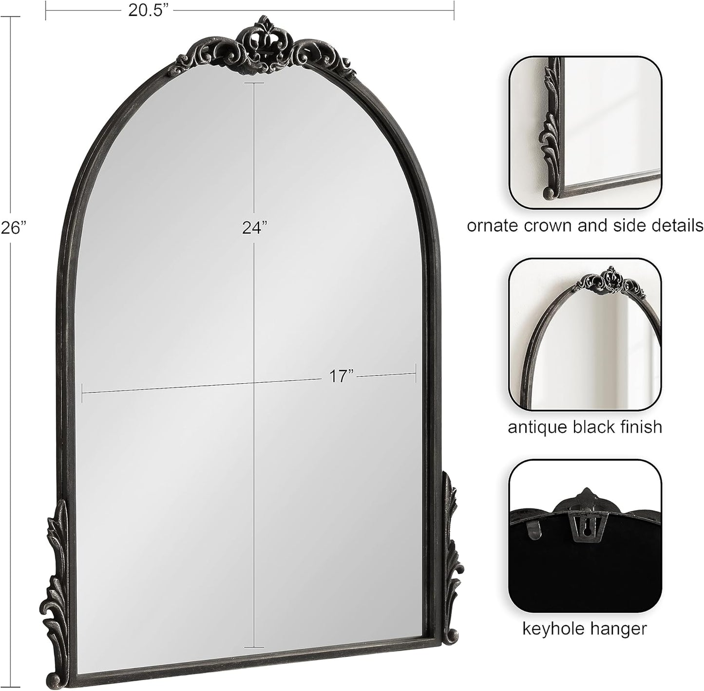 Kate and Laurel Myrcelle Traditional Arched Mirror; 21 x 26; Antique Black; Decorative Arch Vintage Mirror with Ornate Garland Detailing Along The Crown and Edges of The Frame
