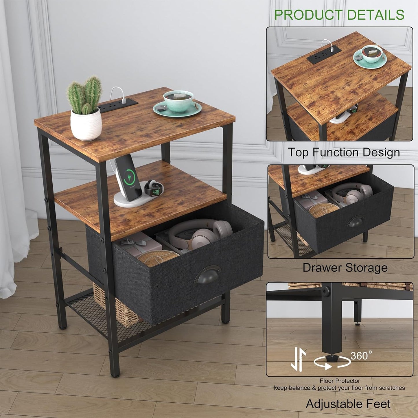 Sthmec Nightstands with Charging Station, LED Bedside Tables with Charging Station and Fabric Drawer, Night Stand with Storage, 3 Tier Side Table with Open Shelf,Nightstand Bedside Table,Rustic Brown