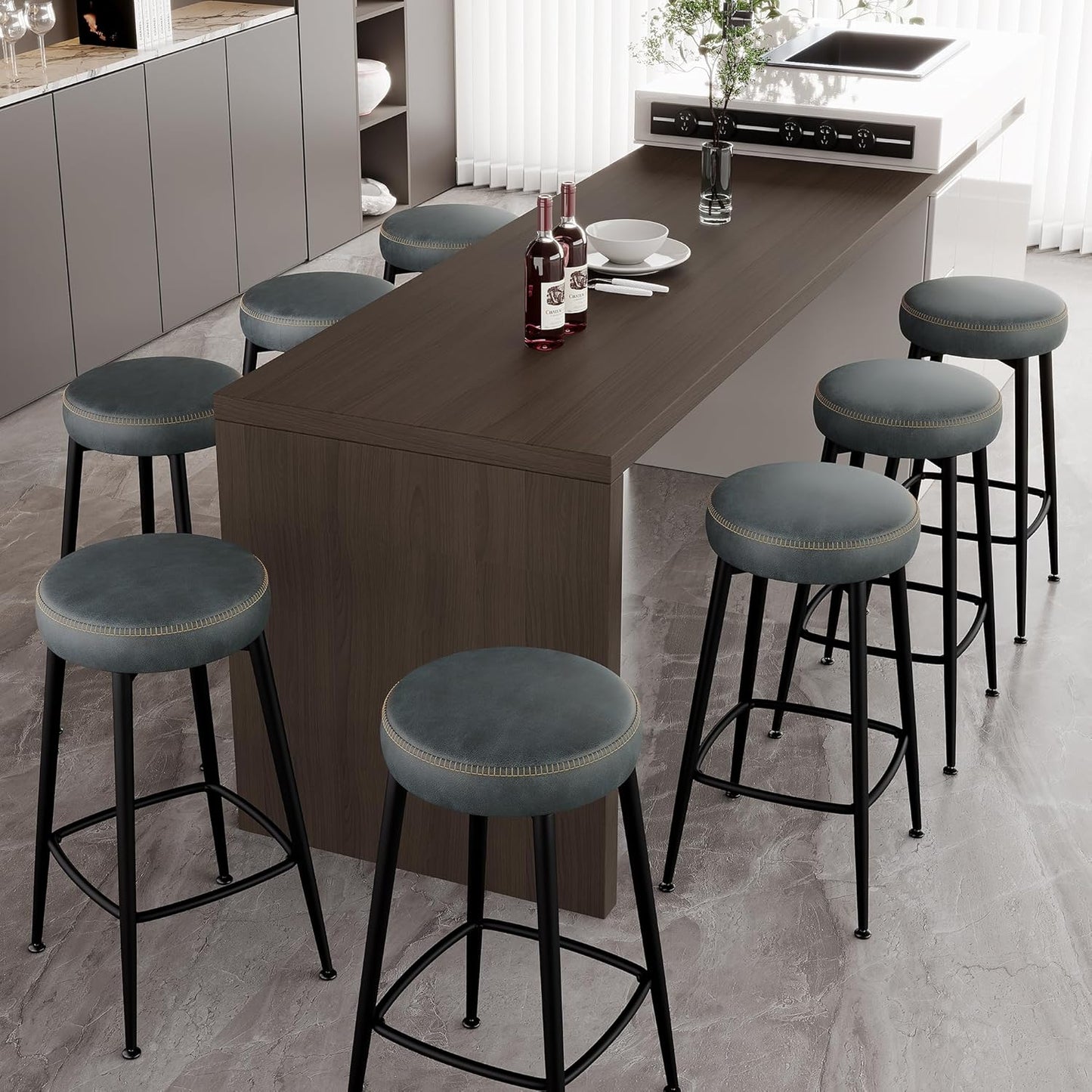 Counter Height Bar Stools, 26" H Backless Bar Stools Set of 8, Upholstered Faux Leather Kitchen Counter Stools, Mid Century Modern, Kitchen Island Home Bar, Pub, Black Blue