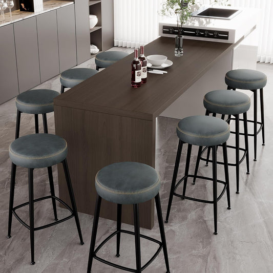 Counter Height Bar Stools, 26" H Backless Bar Stools Set of 8, Upholstered Faux Leather Kitchen Counter Stools, Mid Century Modern, Kitchen Island Home Bar, Pub, Black Blue