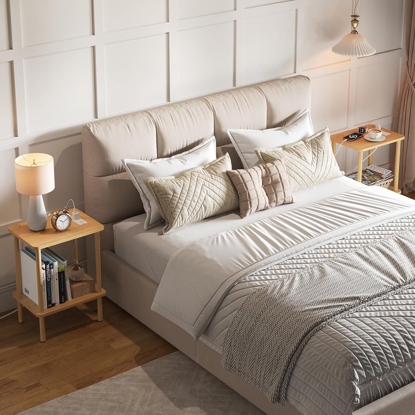 Apicizon 2 Tier End Table, Small Side Table with Charging Station, Boho Bedside Table with USB Ports and Outlets, Nightstand for Small Spaces, Bedroom, Living Room, Entryway, Easy Assembly, Natural