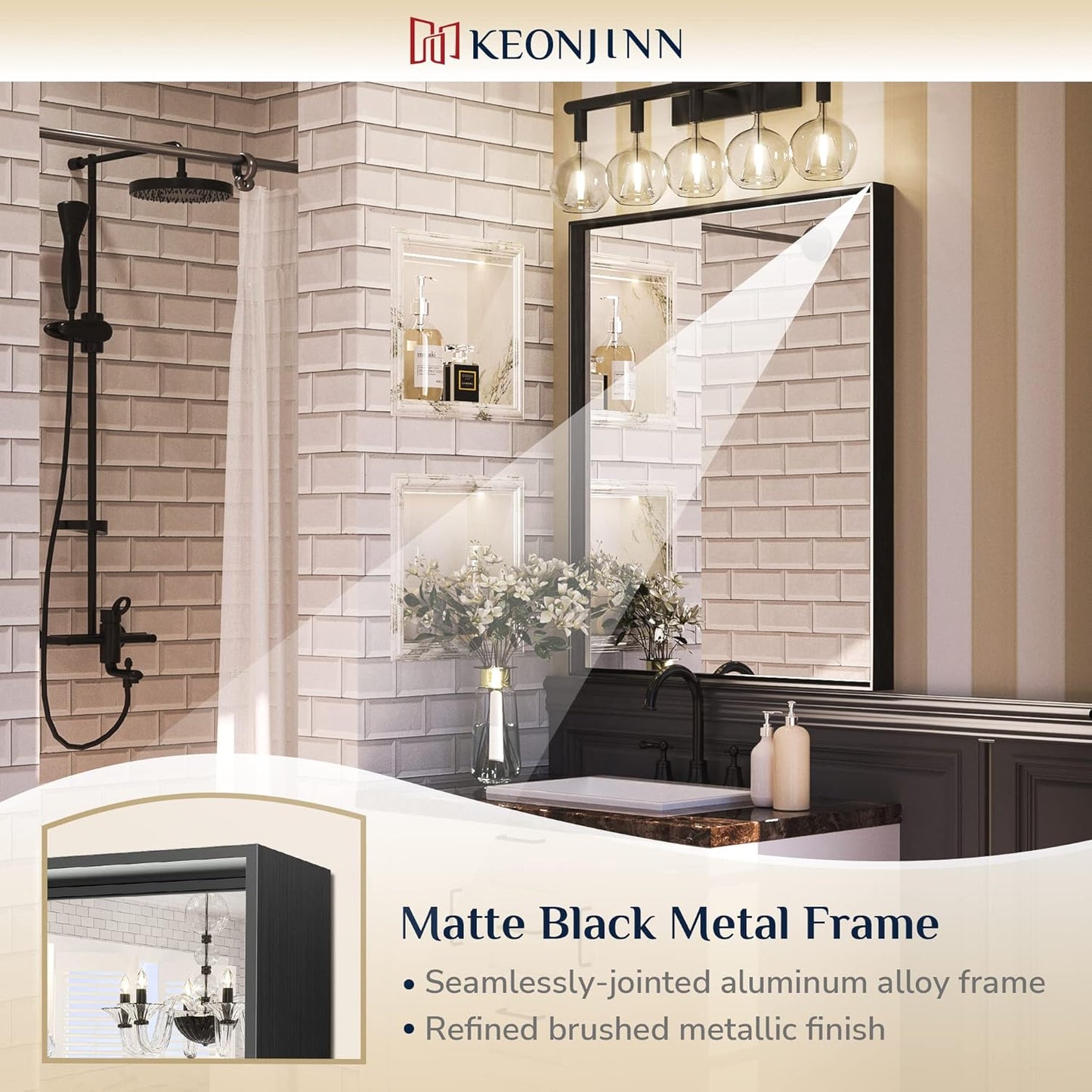 Keonjinn Black Bathroom Mirror 30 x 36 Inch, Metal Frame Black Mirror for Bathroom Sink, Rectangular Square Corner, Modern Farmhouse, Rectangle Vanity Mirror for Wall(Horizontal/Vertical)