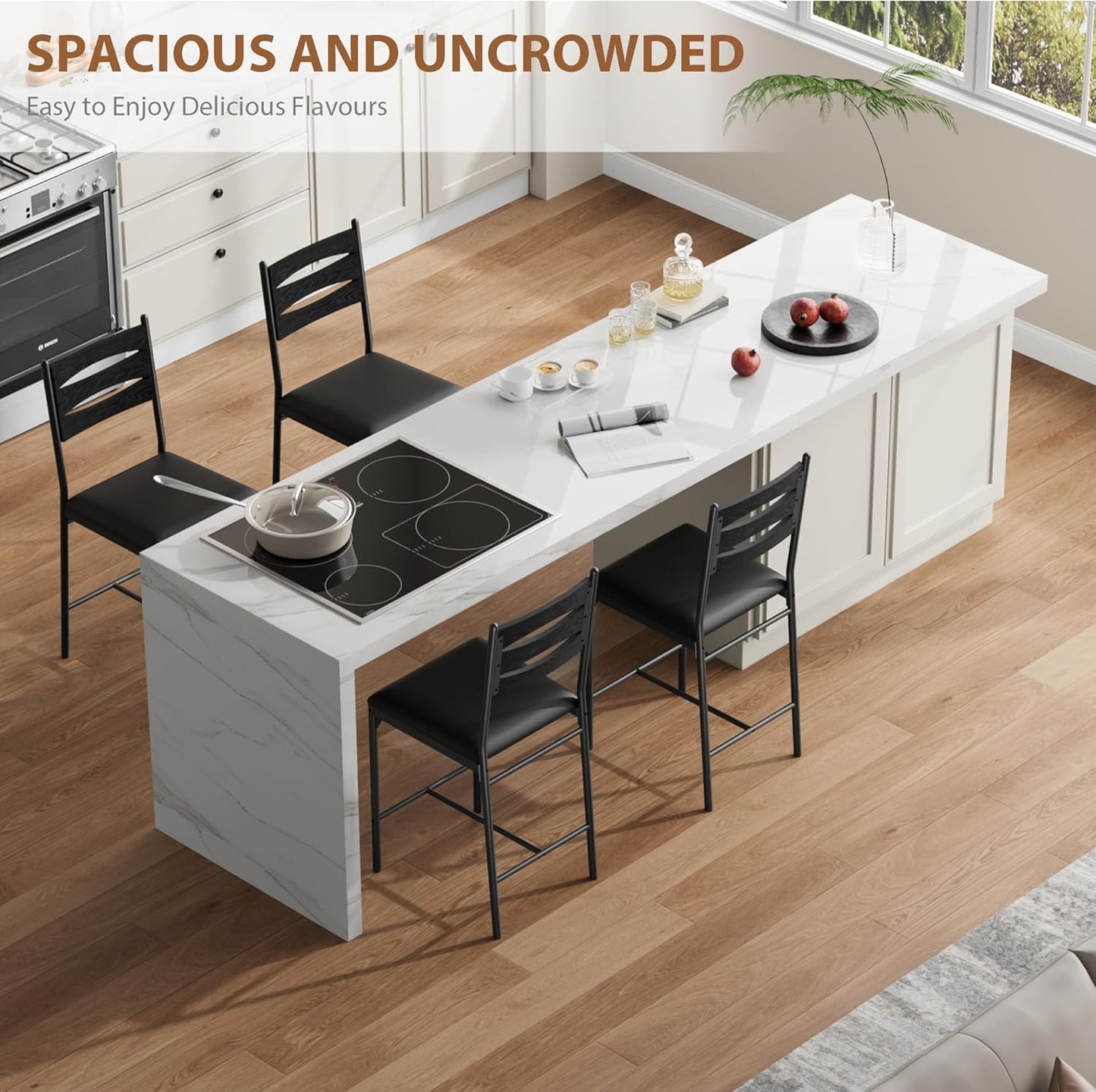 GarveeHome Bar Stools Set of 4, Wooden Barstools, Faux Leather Upholstered Bar Chair with Back & Footrest & Thick Cushion, Counter Height Bar Stools for Kitchen Island Apartment, Black