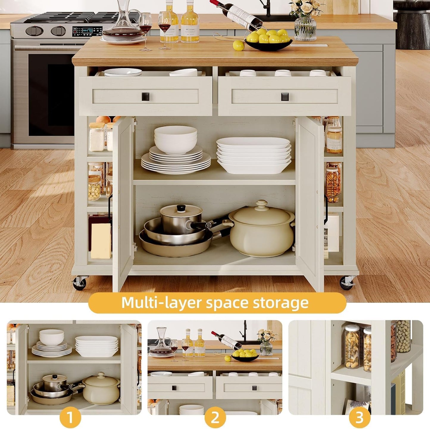 DWVO Rolling Kitchen Island with Drop Leaf, Mobile Storage Islands with Power Outlet Foldable Tabletop, 2 Drawers and Open Shelves, for Living Room, Dining Room, Off White