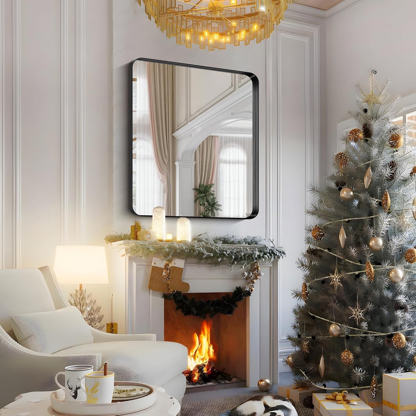 FORBATH 48x40 Inch Bathroom Mirror, Brushed Black Deep Frame Wall Mirror with Rounded Corners, Anti-Rust Tempered Glass for Modern Farmhouse Vanity (Horizontal/Vertical)