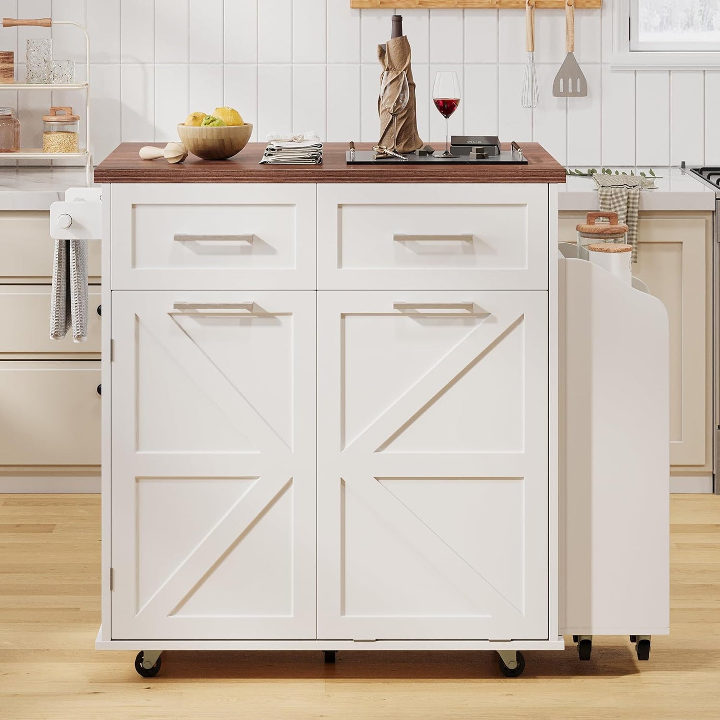 Ball & Cast Farmhouse Kitchen Island with Drop Leaf,Rolling Kitchen Cart on 5 Wheels W/Removable Side Racks and 2 Drawers,Kitchen Storage Cart W/Towel Rack,for Kitchen,Dining Room,White,47.2"