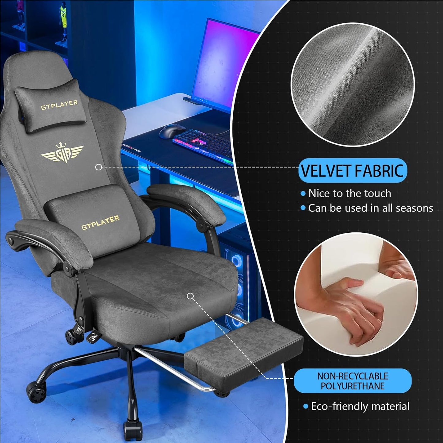 GTPLAYER Gaming Chair Fabric with Pocket Spring Cushion, Big and Tall Gamings Chairs 350LBS High Back Computer Chair with Footrest for Adults Lumbar Support Swivel Game Chair for Office Dark Grey