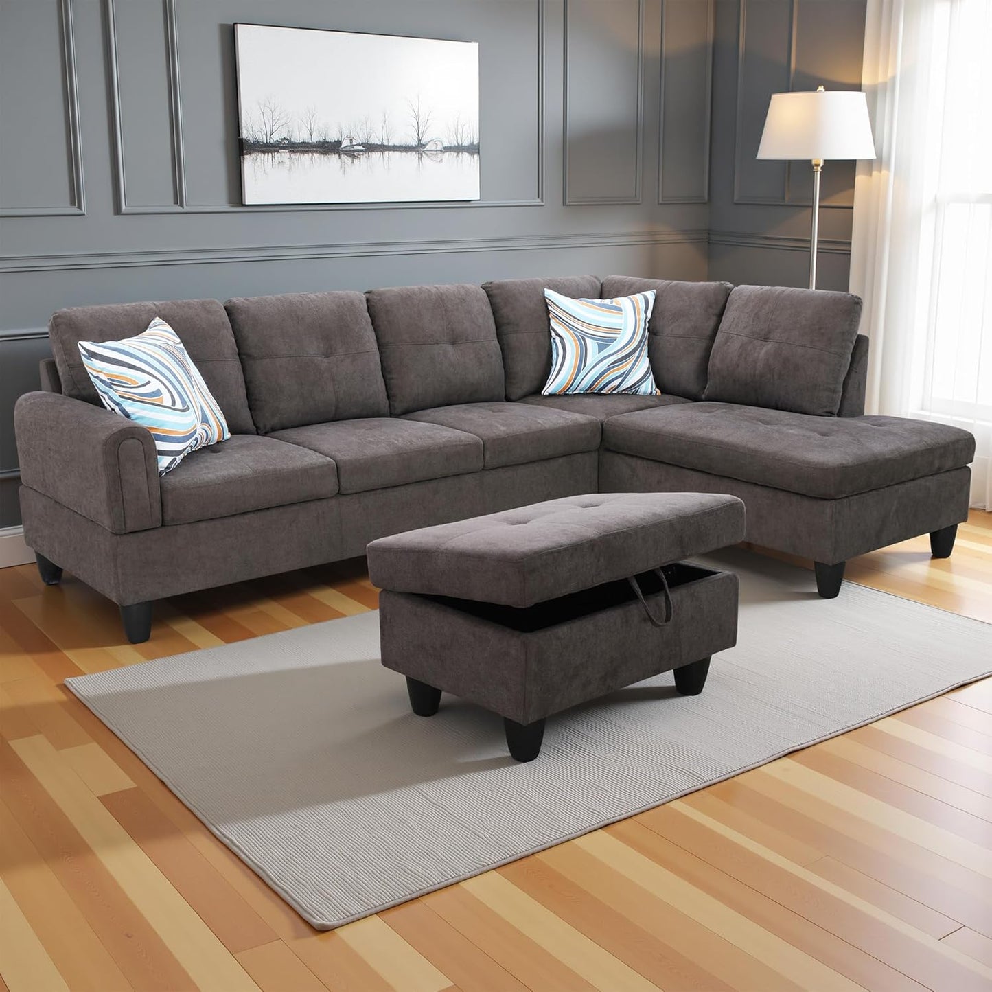 Couches for Living Room Modern L Shaped Couch Comfy Fluffy Fabric 3 Pieces Sectional Sofa with Chaise, Ottoman with Storage for Office and Small Apartment, Dark Brown