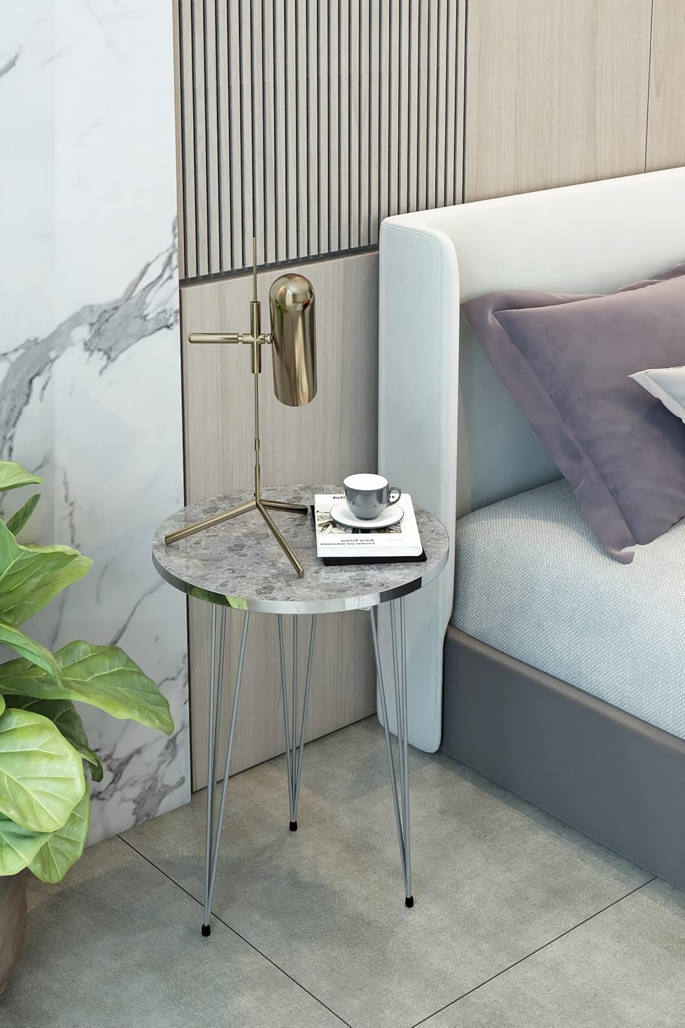 PAK HOME Set of 2 End Tables Round Wood Sofa Side Coffee Tables for Small Spaces, Nightstand Bedside Table with Metal Legs for Bedroom, Living Room, Office (Grey Marble High Gloss/Silver Legs)