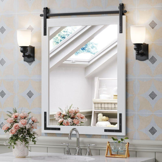 Farmhouse Bathroom Mirror 24x32 Inch, White Wood Framed Decorativeative Rustic Mirror, Rectangle Wall Decorative Mirrors for Entryway, Courtyard, Bedroom