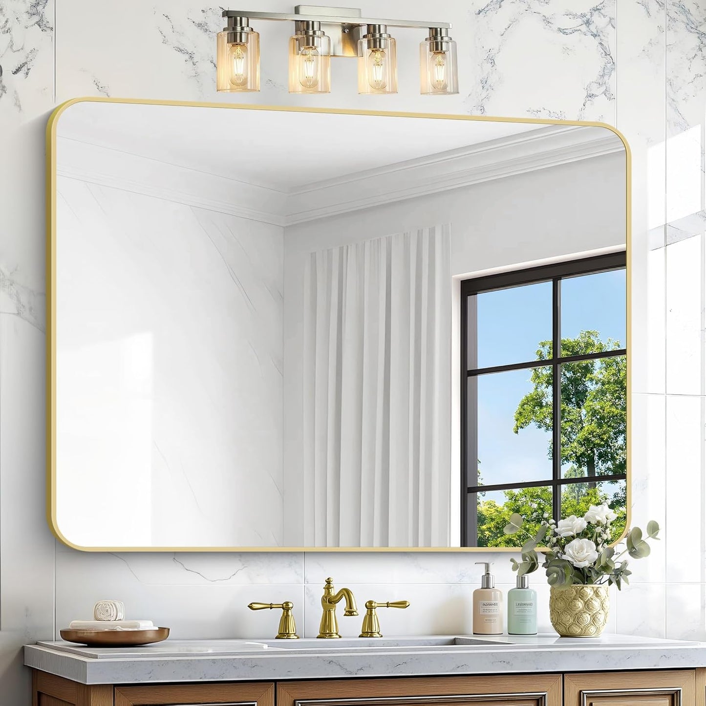 BONEWEI Gold Bathroom Mirror,36x48 inch Wall Mirror for Bathroom Wall Mounted,Round Rectangle Mirror for Bathroom Over Sink,Modern Frame for Home Decor Living Room,Bedroom Entryway,Horizontal/Vertical