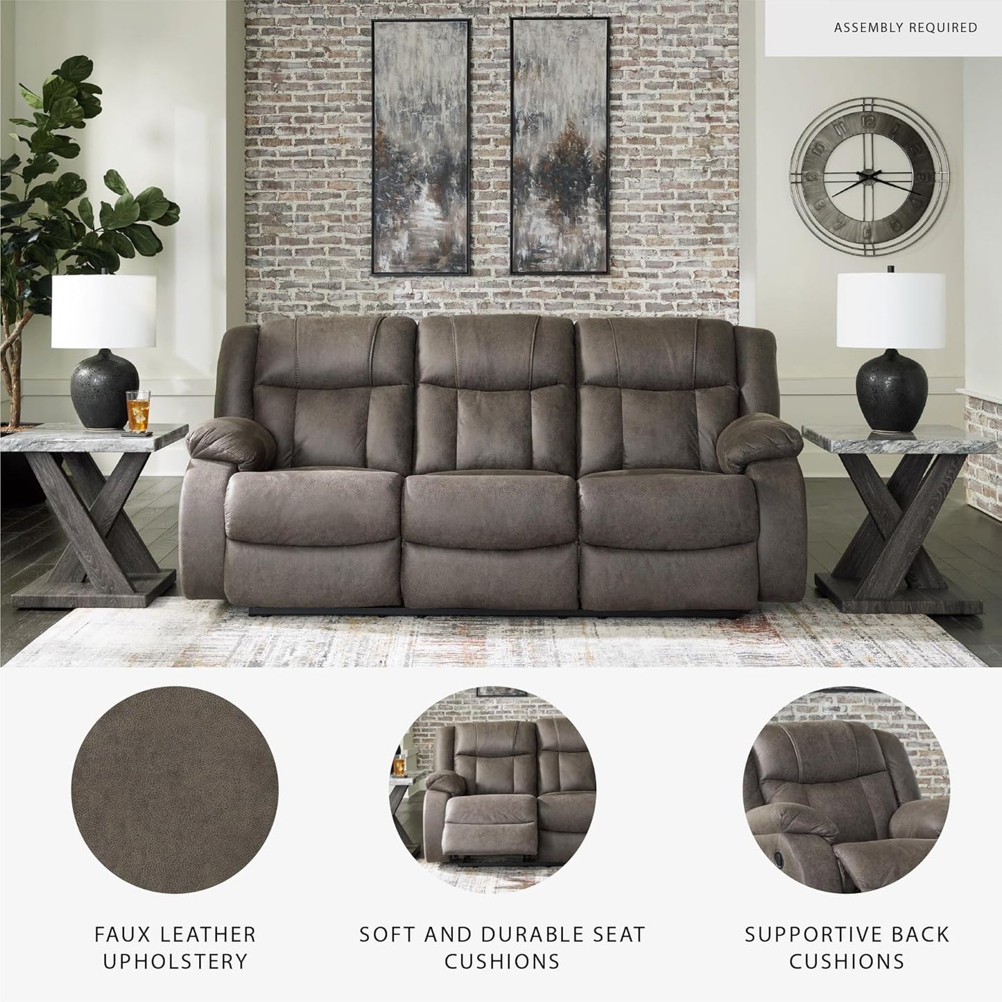 Signature Design by Ashley First Base Contemporary Faux Leather Manual Reclining Sofa, Gray