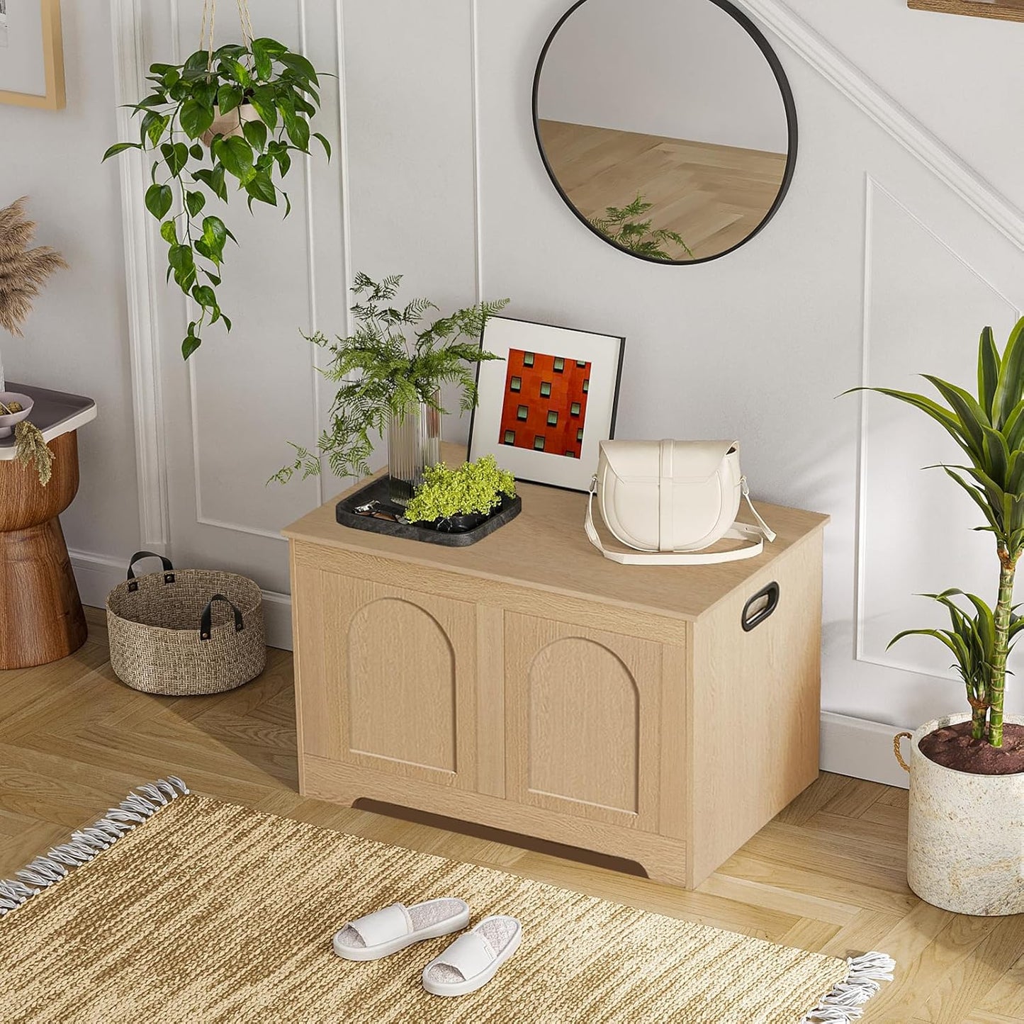 DINZI LVJ Storage Chest, 31.5”Wooden Toy Box with 2 Safety Hinges, Entryway Storage Bench with Flip-Top, Sturdy Storage Trunk for Living Room, Bedroom, Easy Assembly, Natural