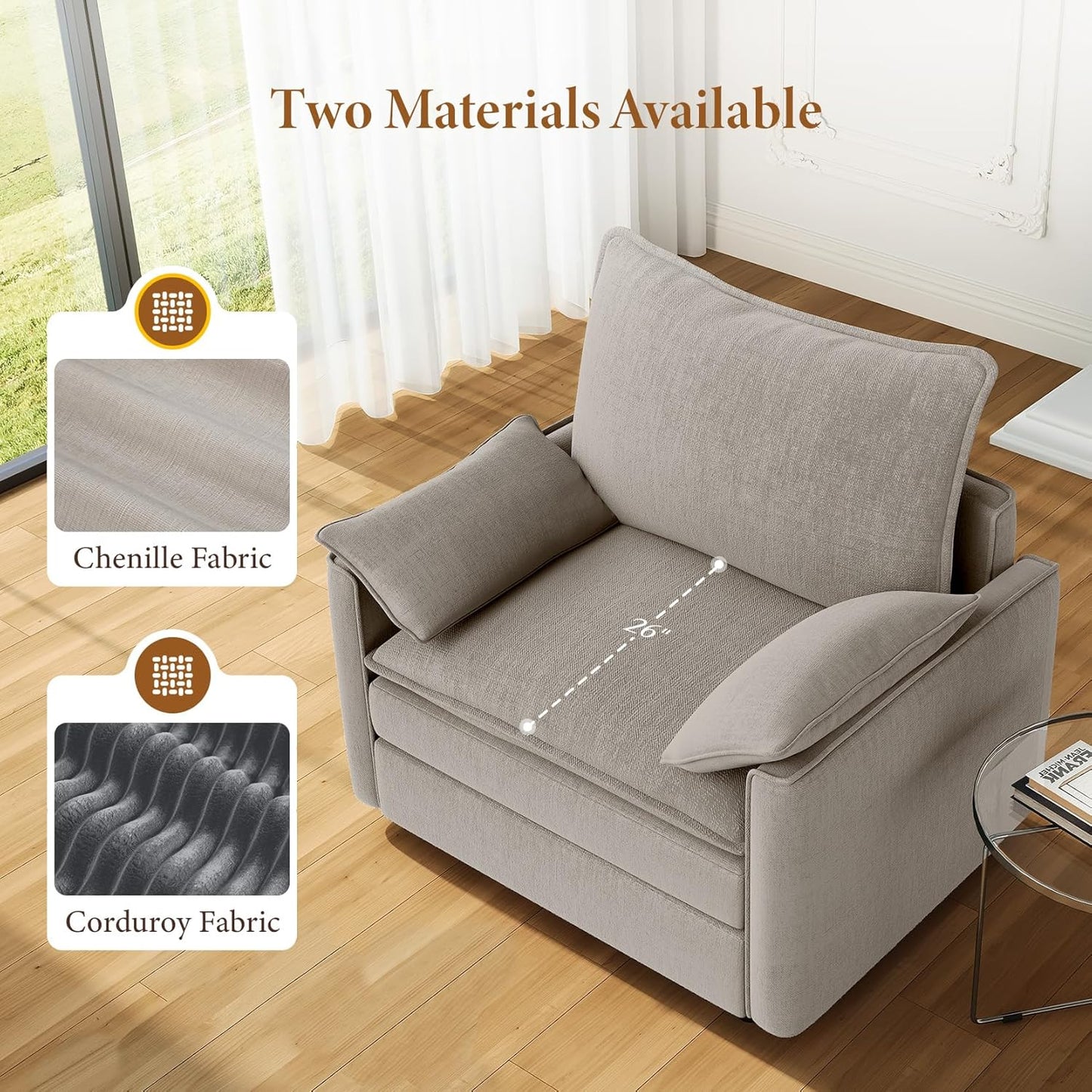 Vesgantti 40" Single Seat Sofa, Comfy Cloud Couch Deep Seat Upholstered Couch Chenille Modern Sofa with Armrest Pillow, Easy Assembly for Living Room, Bedroom and Apartment, Light Brown