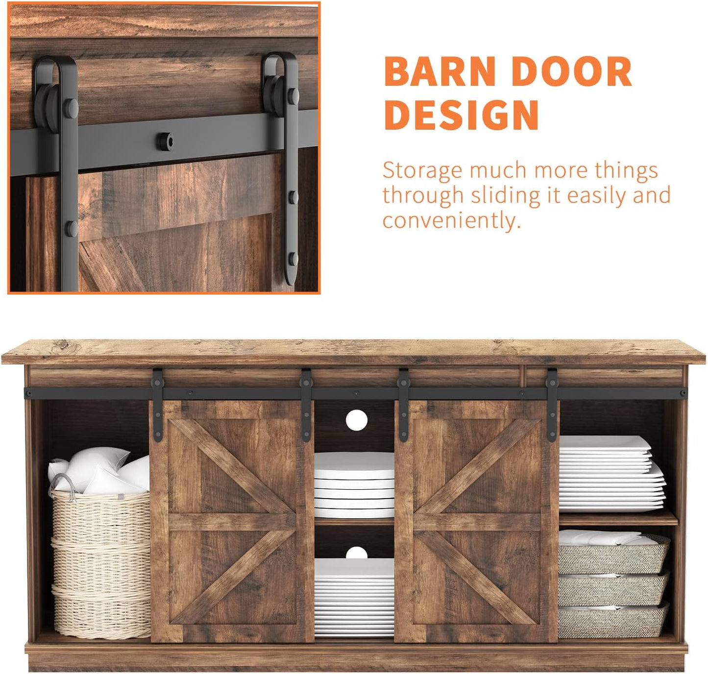 YESHOMY TV Stand for Televisions up to 65 Inches, with Sliding Barn Doors and Storage Cabinets, Console Table and Media Furniture for Living Room, 58 Inch, Barnwood