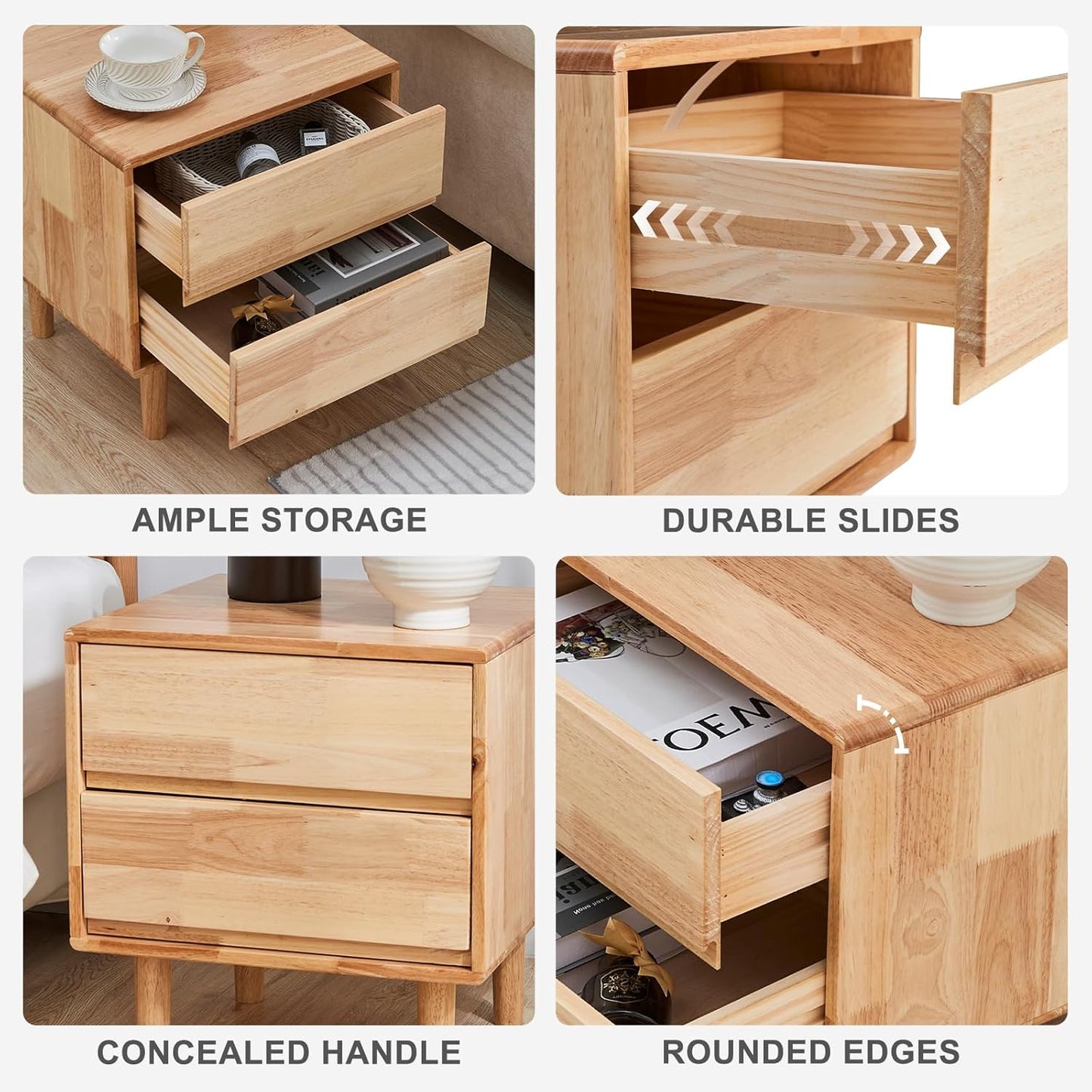 Uniclinens Nightstand with 2 Drawers Storage, 19" Modern Solid Rubberwood Bedside Table for Bedroom, Sofa Side Table End Tables Living Room, Natural