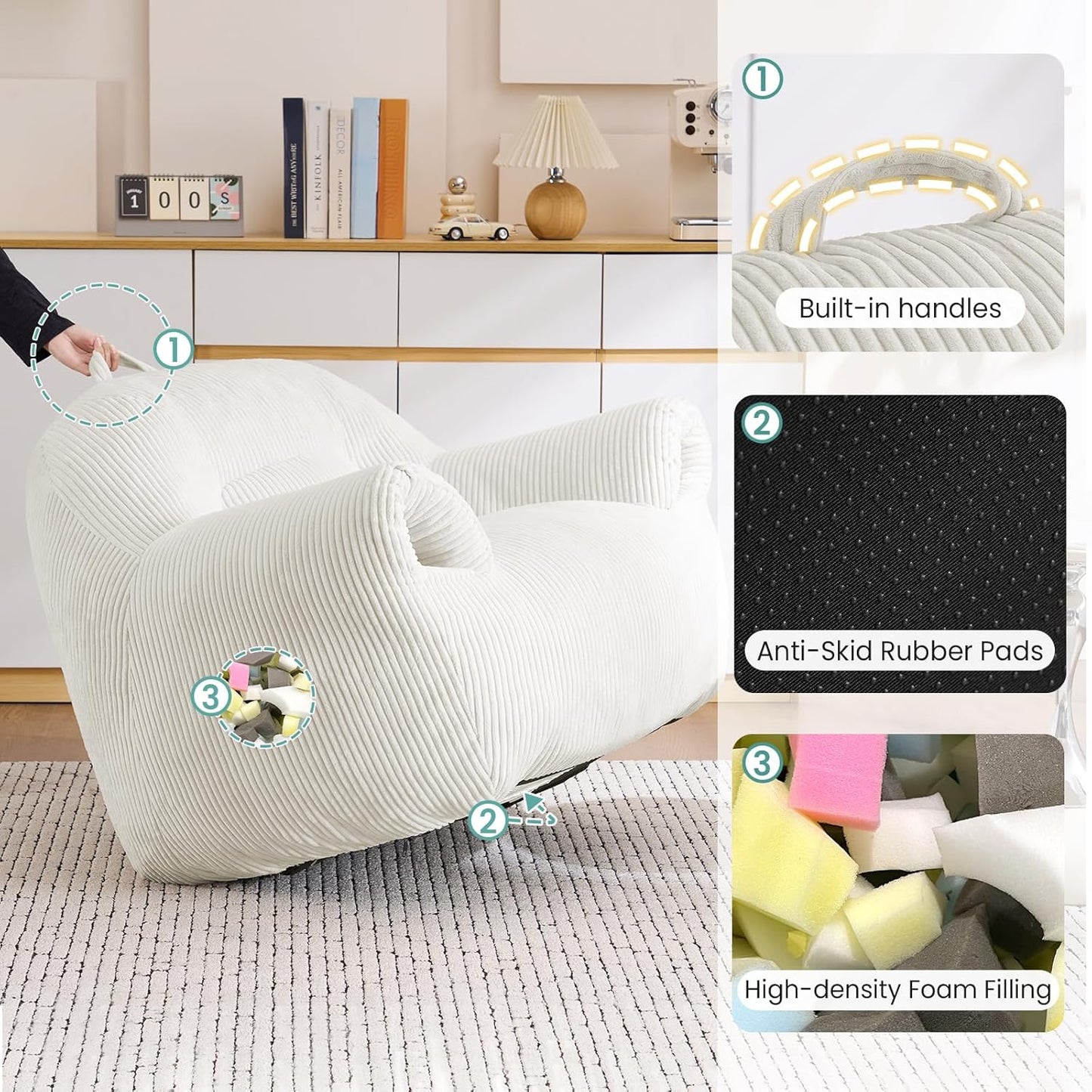 DAICO Bean Bag Chairs for Adults Beanbag Sofa with Ottoman Comfy Accent Chair with Armrests Corduroy Couch with Foam Single Lazy Sofas for Living Room Reading Bedroom Gaming Office Beige