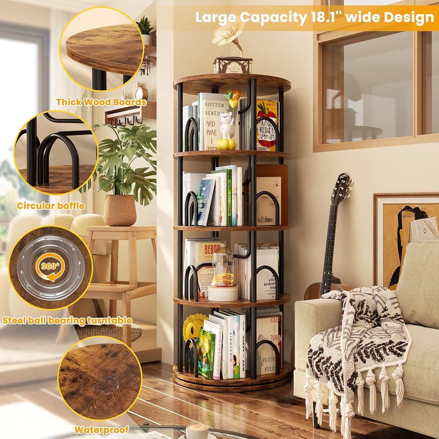 Aheaplus 4 Tier Rotating Bookshelf Tower, 360 Display Spinning Bookcase, Revolving Round Book Shelf Narrow Swivel Bookshelf, Vertical Turning Corner Book Organizer for Small Space, Rustic Brown