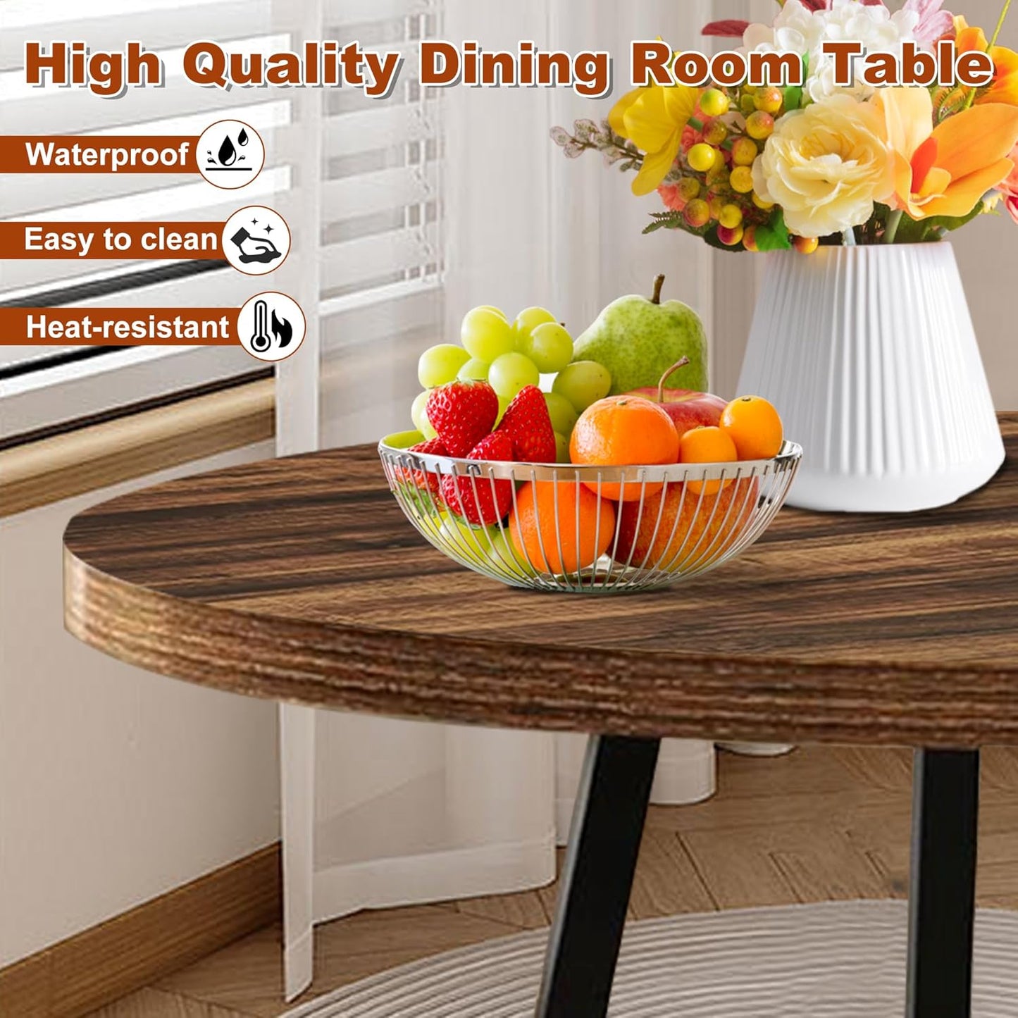 Round Dining Table for 4, 31.5-Inch Farmhouse Dinner Table Wooden Circle Kitchen Tables with Metal Base for Dining Room, Kitchen, Living Room, Brown