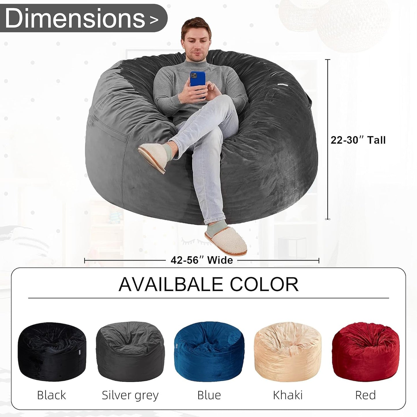 HABUTWAY Bean Bag Chair: Giant 4' Memory Foam Furniture Bean Bag Chairs for Adults with Microfiber Cover 4Ft (Grey)