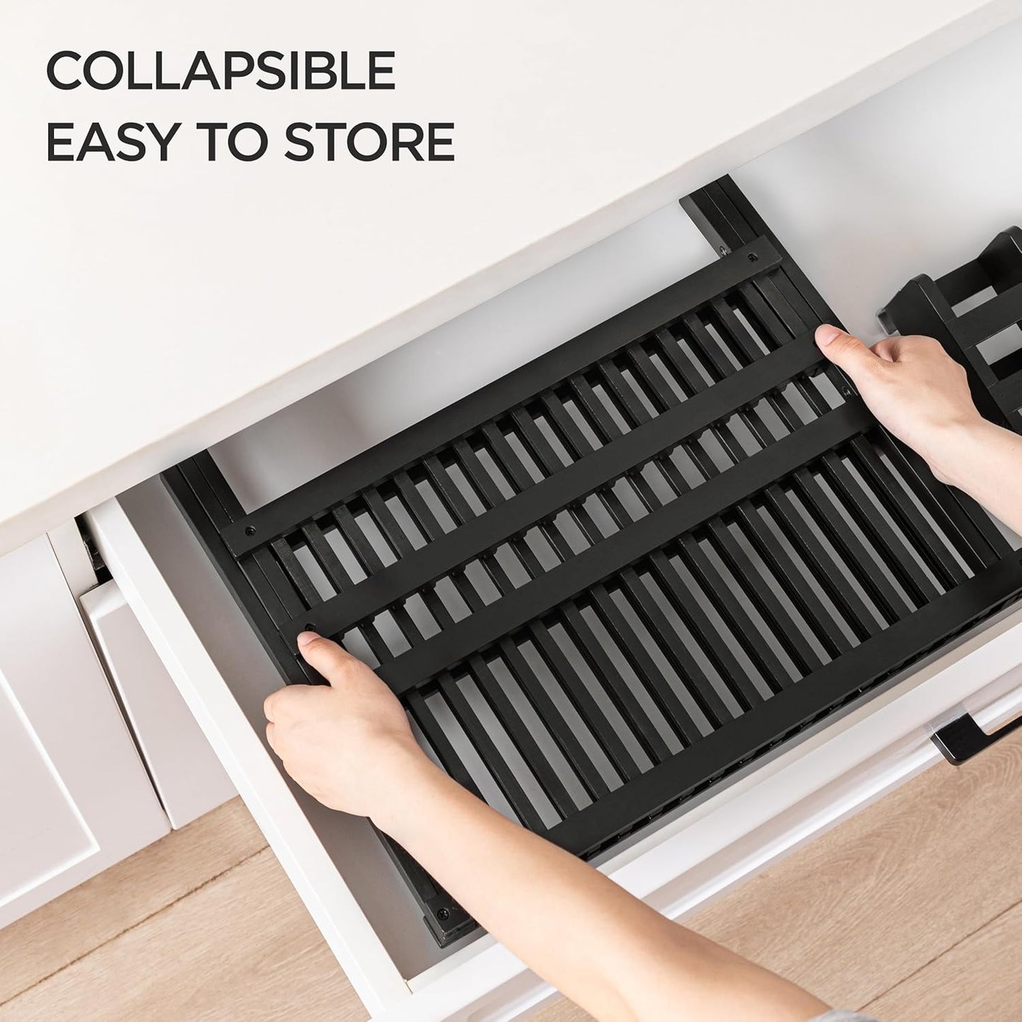 HBlife Dish Rack, Black Bamboo Folding 2-Tier Collapsible Drainer Dish Drying Rack with Utensils Flatware Holder Set (Dish Rack with Utensil Holder)