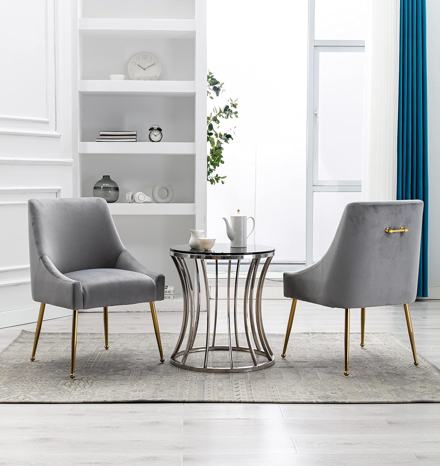 Velvet Dining Chairs, Furniture Collection Modern Contemporary Upholstered with Polished Gold Metal Legs, Set of 6(Light Grey)