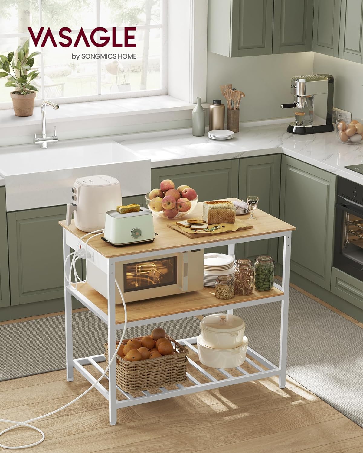 VASAGLE Kitchen Island with 3 Shelves, 39.4 Inches Width Kitchen Shelf with Power Strip, Large Worktop, Stable Steel Structure, Industrial, Easy to Assemble, Golden Oak and White UKKI105Y01