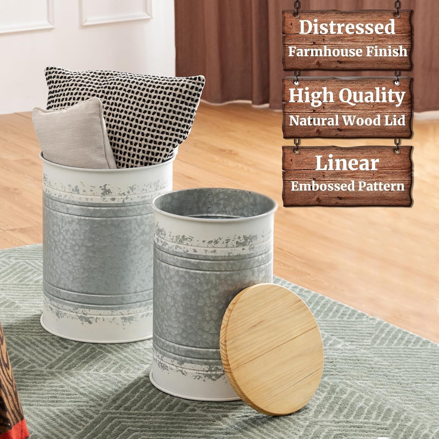 Glitzhome Farmhouse Accent Side Table, Metal Storage Stool Ottoman with Round Lid - Galvanized Coffee Cocktail End Tables Set of 2 for Living Room Bedroom, Distressed White