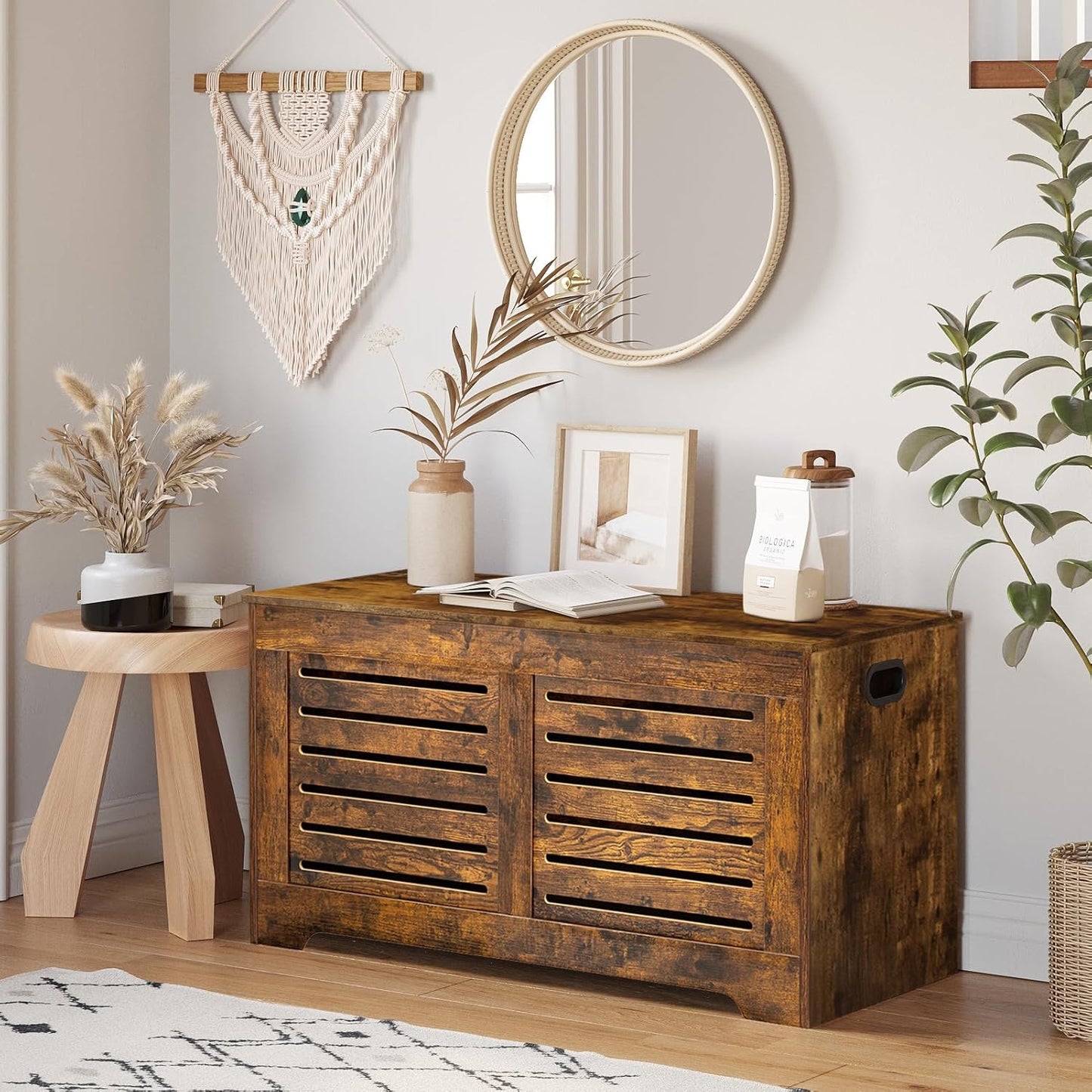 DINZI LVJ Storage Chest, Flip-Top Wooden Toy Box with 2 Safety Hinges, Retro Entryway Shoe Storage Bench, Sturdy Large Storage Trunk for Living Room, Bedroom, Easy Assembly, Rustic Brown