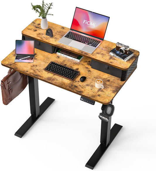 40x24 Inch Standing Desk with Double Drawers,C-Clamp Mount Compatible,Electric Adjustable Height Computer Stand Up Desks, Home Office Sit Stand Table with 3 Preset Heights & Hooks, Rustic Brown