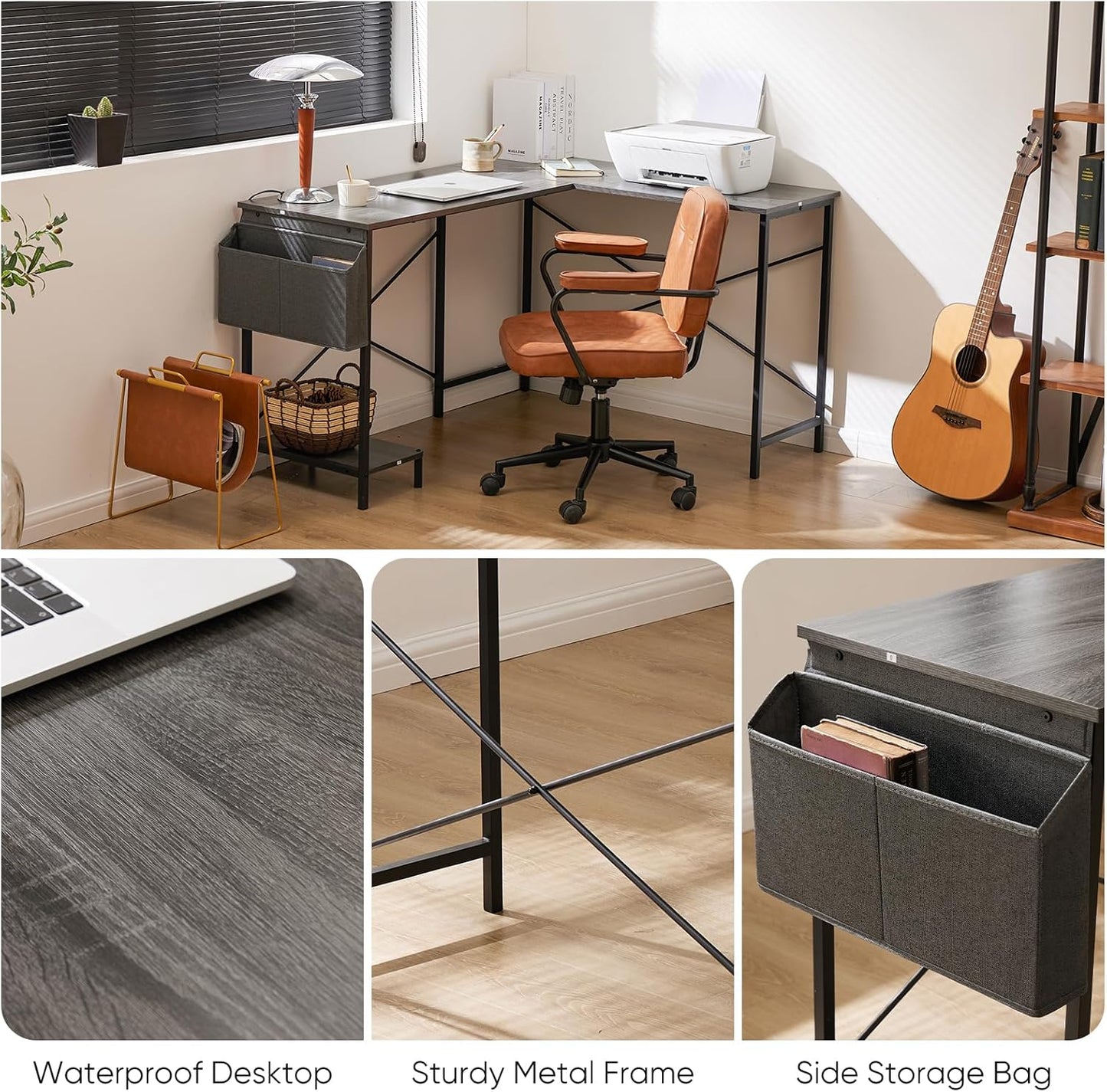 Sweetcrispy L Shaped Desk Gaming Computer 50 Inch Reversible Corner PC Work Table for Writing Study Student with Wood Tabletop Metal Frame CPU Stand Side Bag for Home Office Small Space, Grey