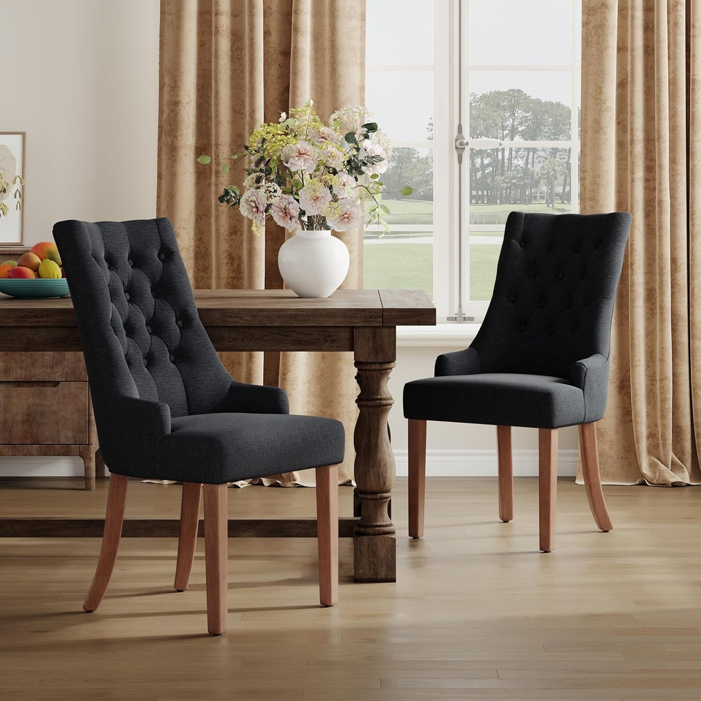 COLAMY Wingback Upholstered Dining Chairs Set of 2, Fabric Side Dining Room Chairs with Tufted Button, Living Room Chairs for Home Kitchen, Black