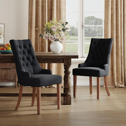 COLAMY Wingback Upholstered Dining Chairs Set of 2, Fabric Side Dining Room Chairs with Tufted Button, Living Room Chairs for Home Kitchen, Black