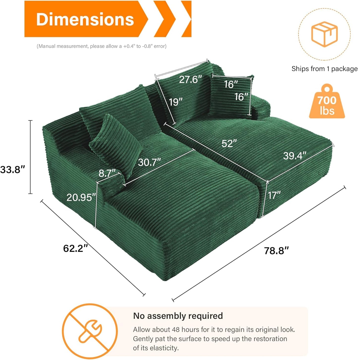 ERYE 79" Oversized Double Chaise Lounge Indoor Sleeper Recliner Sofabed with 4 Pillows, Fluffy Corduroy Loveseat Sleeper Chaise Daybed 2 Pieces Boneless Chair Sofa Bed for Living Room Bedroom Reading