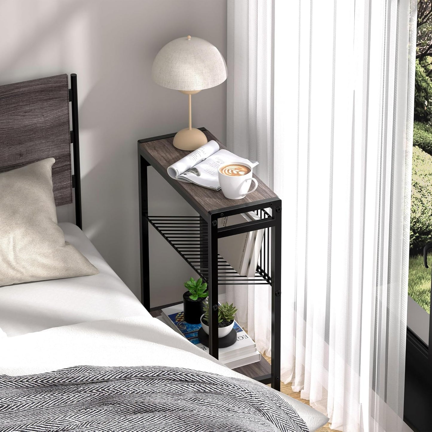 Side Table for Small Space, 3-Tier Narrow End Tablewith Magazine Holder,Slim Nightstand, Skinny Snack Couch Table in Living Room, Bedroom Study and Balcony(Ash Brown)