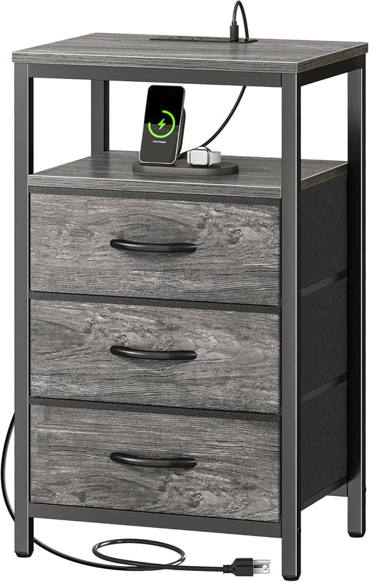 Huuger Nightstand with Charging Station, 27.6 Inch End Table Bedside Table with USB Ports and Outlets, Night Stand for Bedroom, Fabric Drawers, Grey