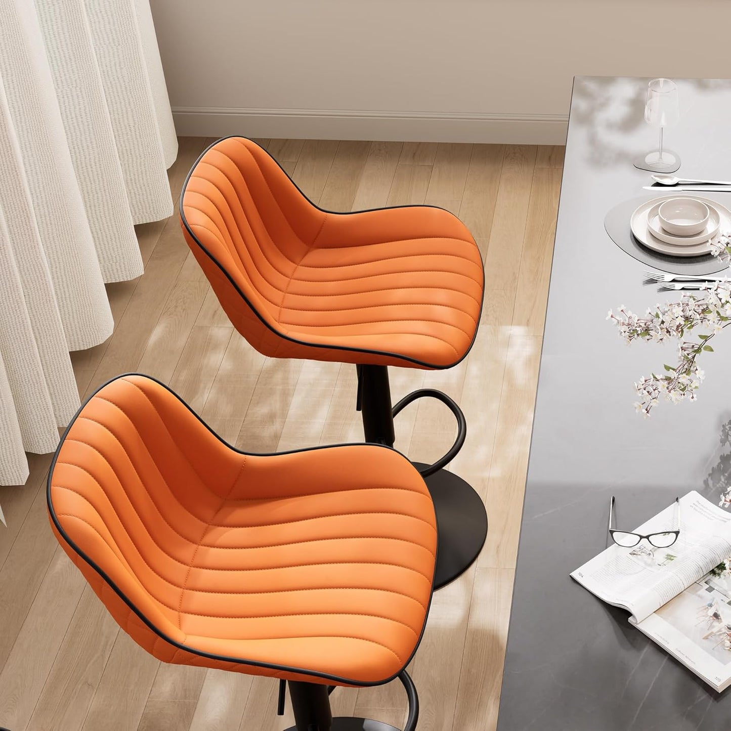 YOUNIKE Orange Bar Stools Set of 2 Kitchen Counter Height Barstools with Backs Swivel High Faux Leather Paddedt Bar Chairs Modern Adjustable Tall Stools for Breakfas Island