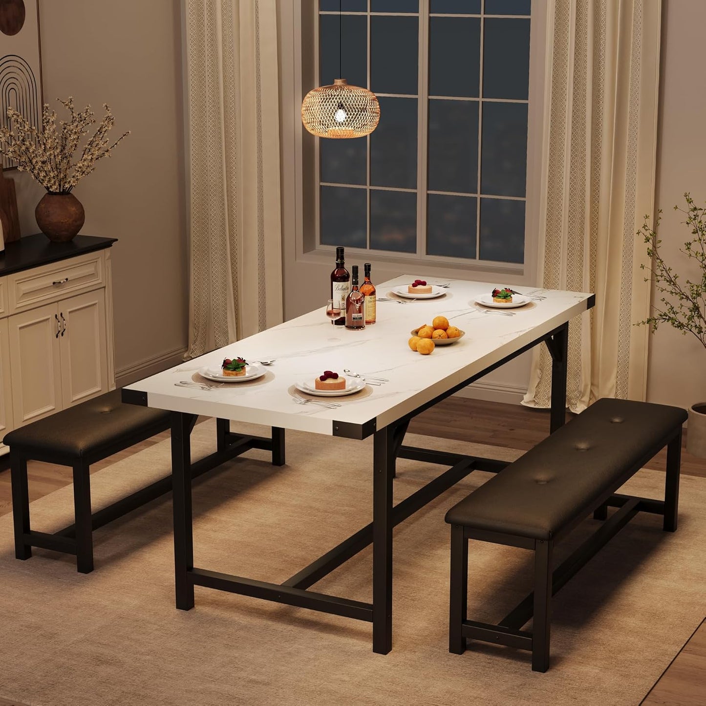 3-Piece Dining Table Set for 4-6 People, Extendable Kitchen Table Set with 2 Upholstered Benches, Dining Room Table Set for Apartment, Kitchen, Living Room, Marble White