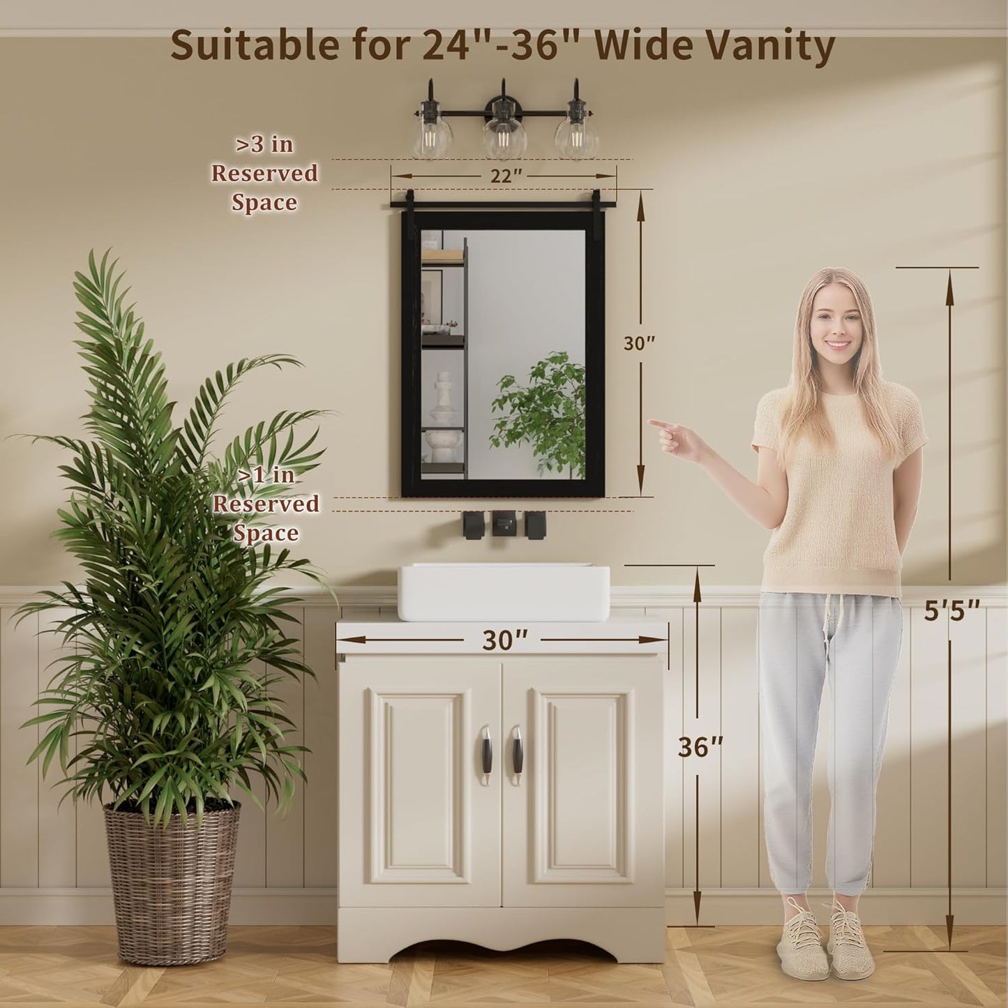 PAIHOME Black Farmhouse Mirror for Bathroom, 22x30INCH Wood Framed Rectangle Bathroom Mirrors for Vanity, Barn Door Style Mirrors Wall Mounted Dresser Decor Mirror Living Room Bedroom Vertical