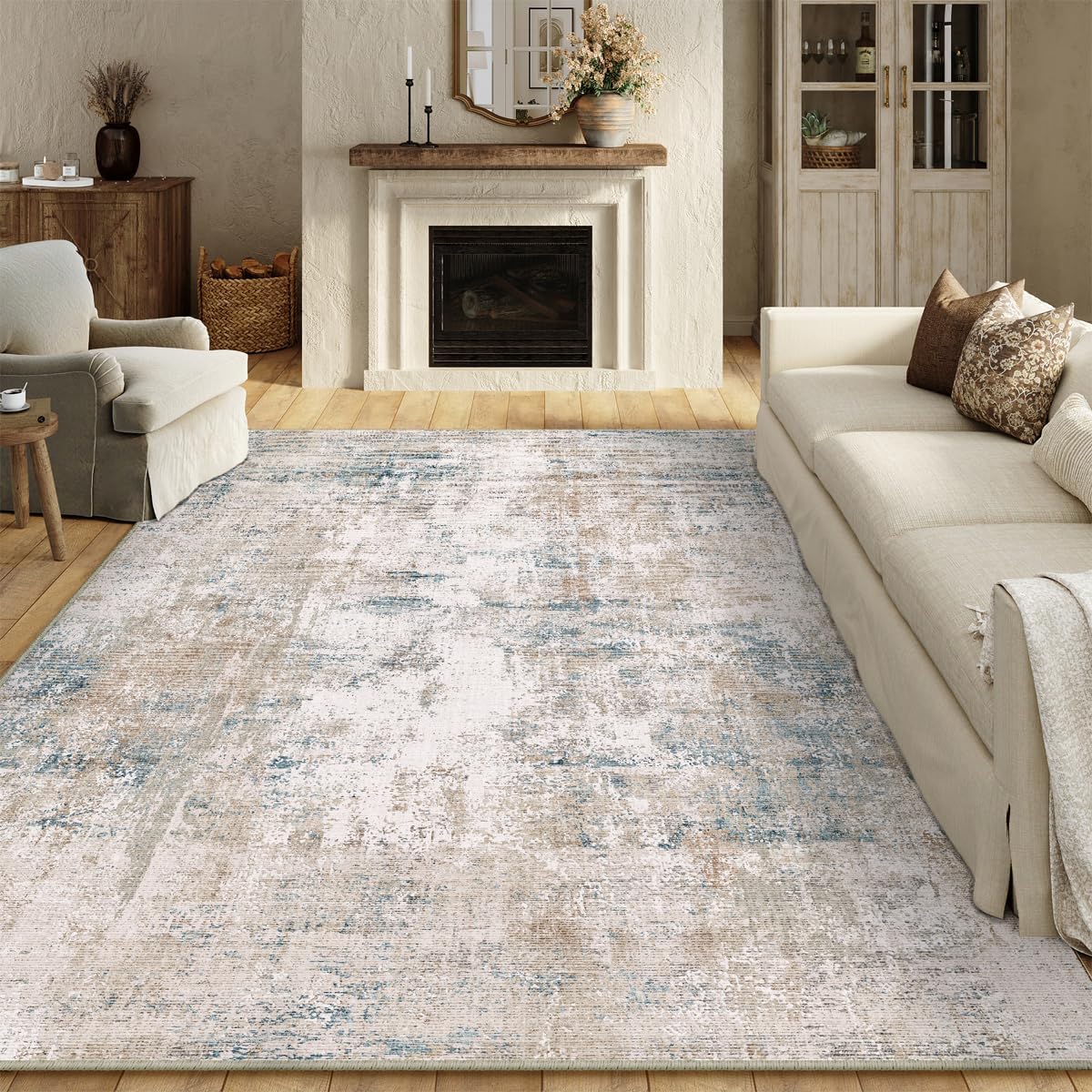 9x12 Washable Area Rug Beige Blue Neutral Abstract Living Room Bedroom Large Throw Rug Non Slip Soft Low Pile Indoor Floor Carpet for Dining Room Kitchen Office Entryway