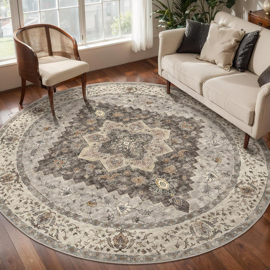 Tangsoo Vintage Round Rug 6ft, Washable Circle Rug, Non Slip Boho Round Area Rug,Low Pile Circular Rugs,Large Round Rugs Carpet for Livingroom,Bedroom,Nursery,Dorm,Office,Brown/Grey