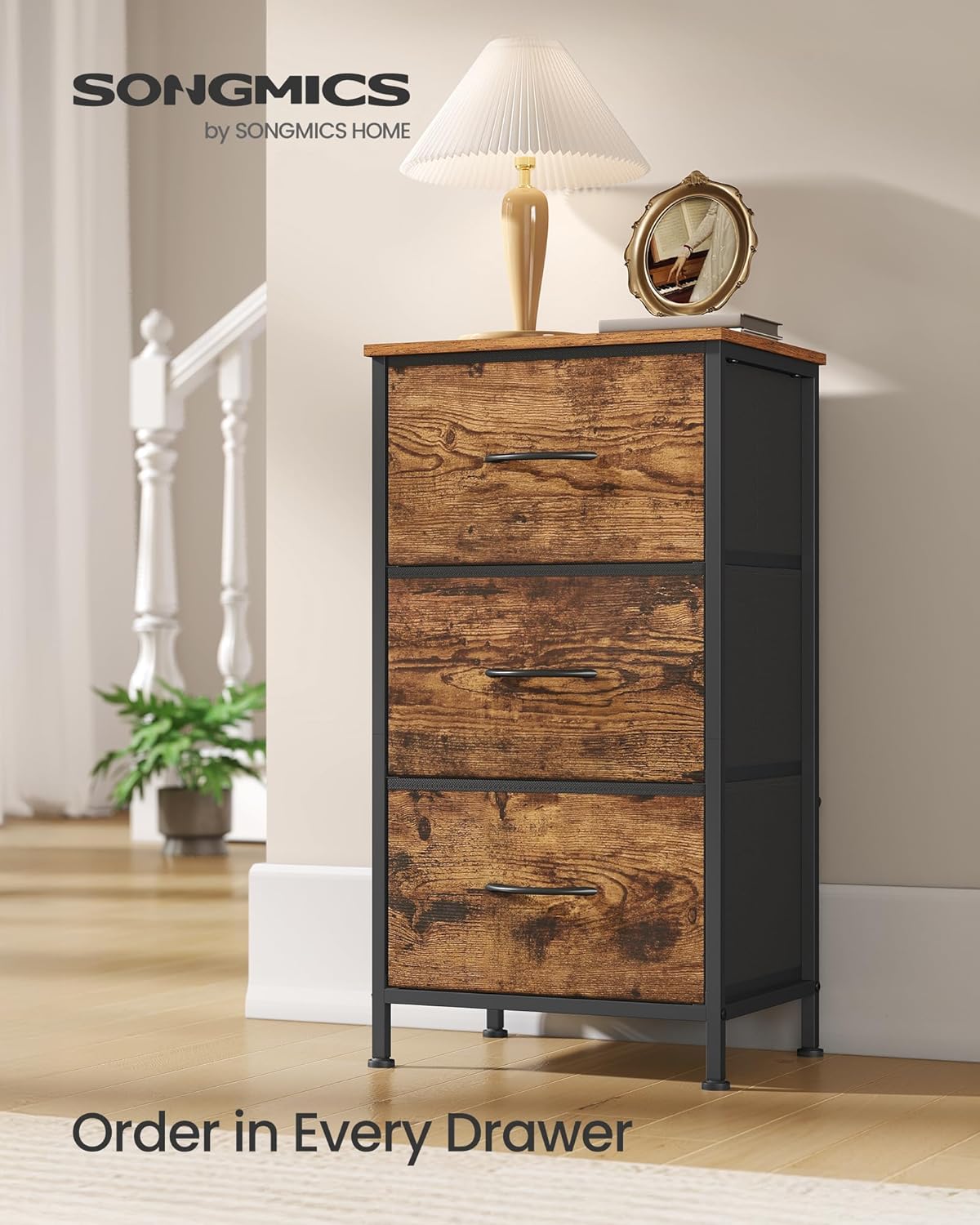 SONGMICS Dresser for Bedroom, Chest of Drawers, Steel, MDF, 3 Non-Woven Fabric Drawers, Storage Organizer Unit, Closet, Entryway, Rustic Brown and Ink Black ULGS313B02S